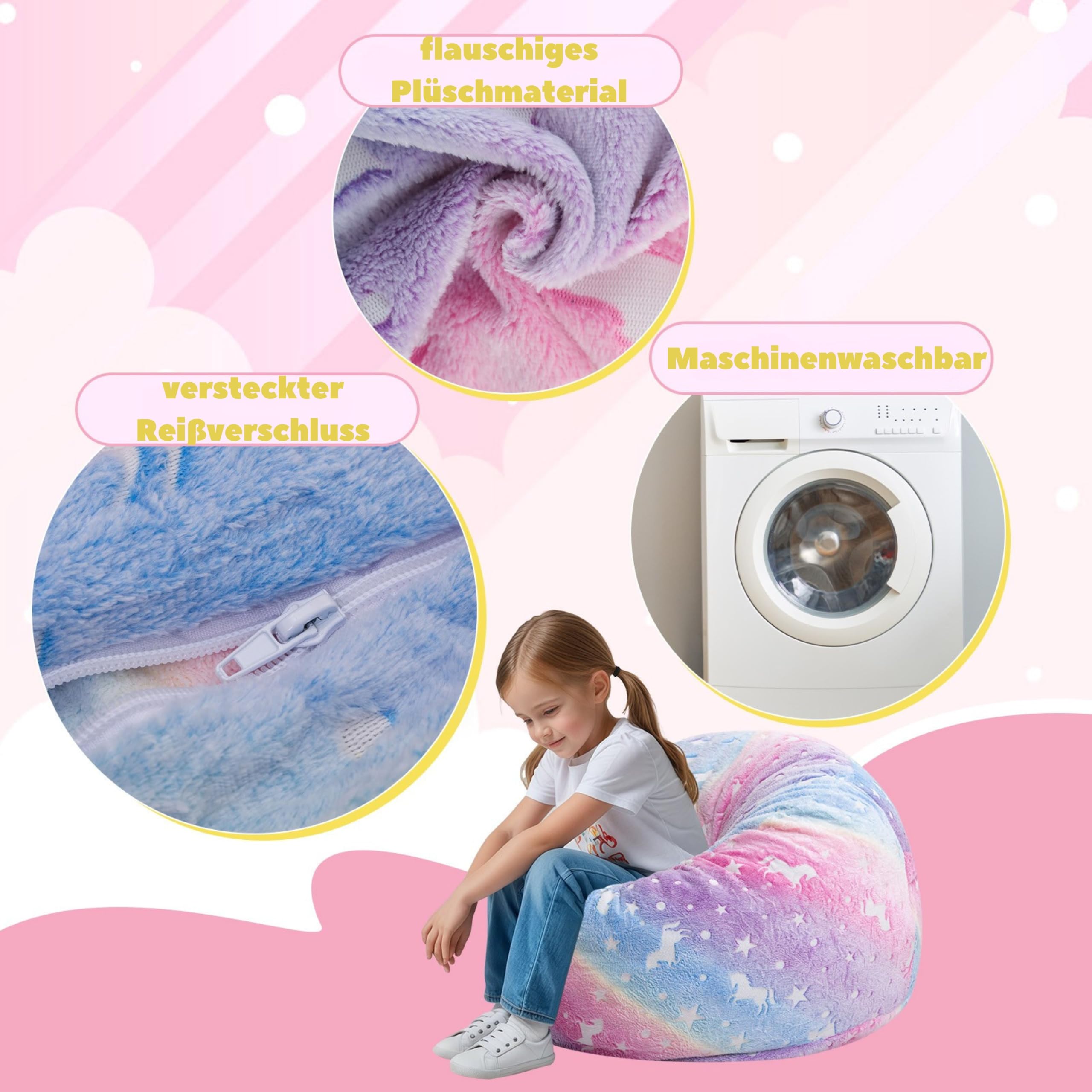 MeMoreCool Sitzsack für Kinder Flauschig mit Füllung, Kinder Sessel Sitzsackbett, umwandelbarer Sitzstuhl in Bodenmatratze, Sitzsäcke fürs Kuschelecke Kinderzimmer für Mädchen und Jungen, Regenbogen