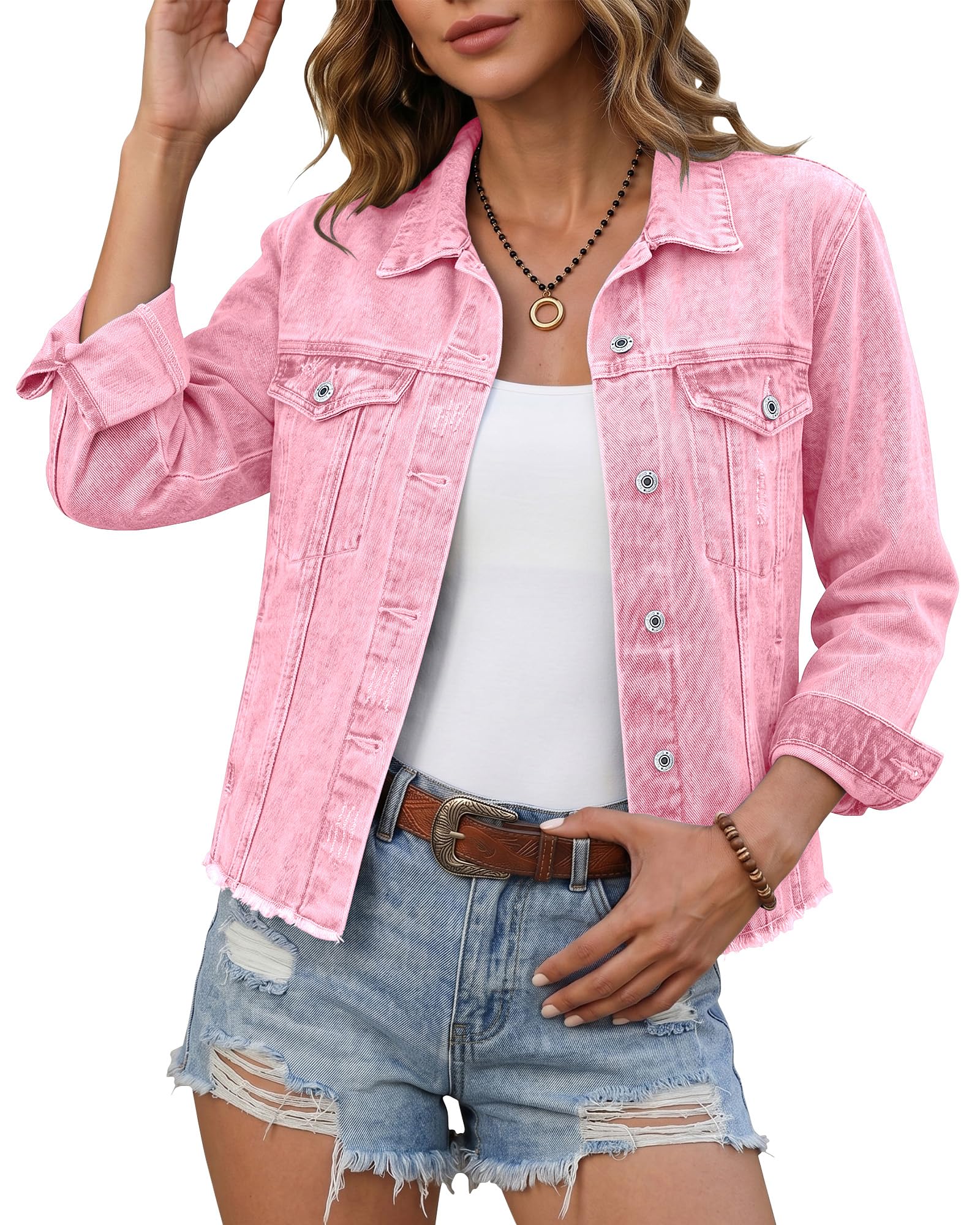 luvamia Denim Jacket for Women Distressed Jean Jackets Button Up Vintage Western Trucker Jacket Frayed Hem Pockets
