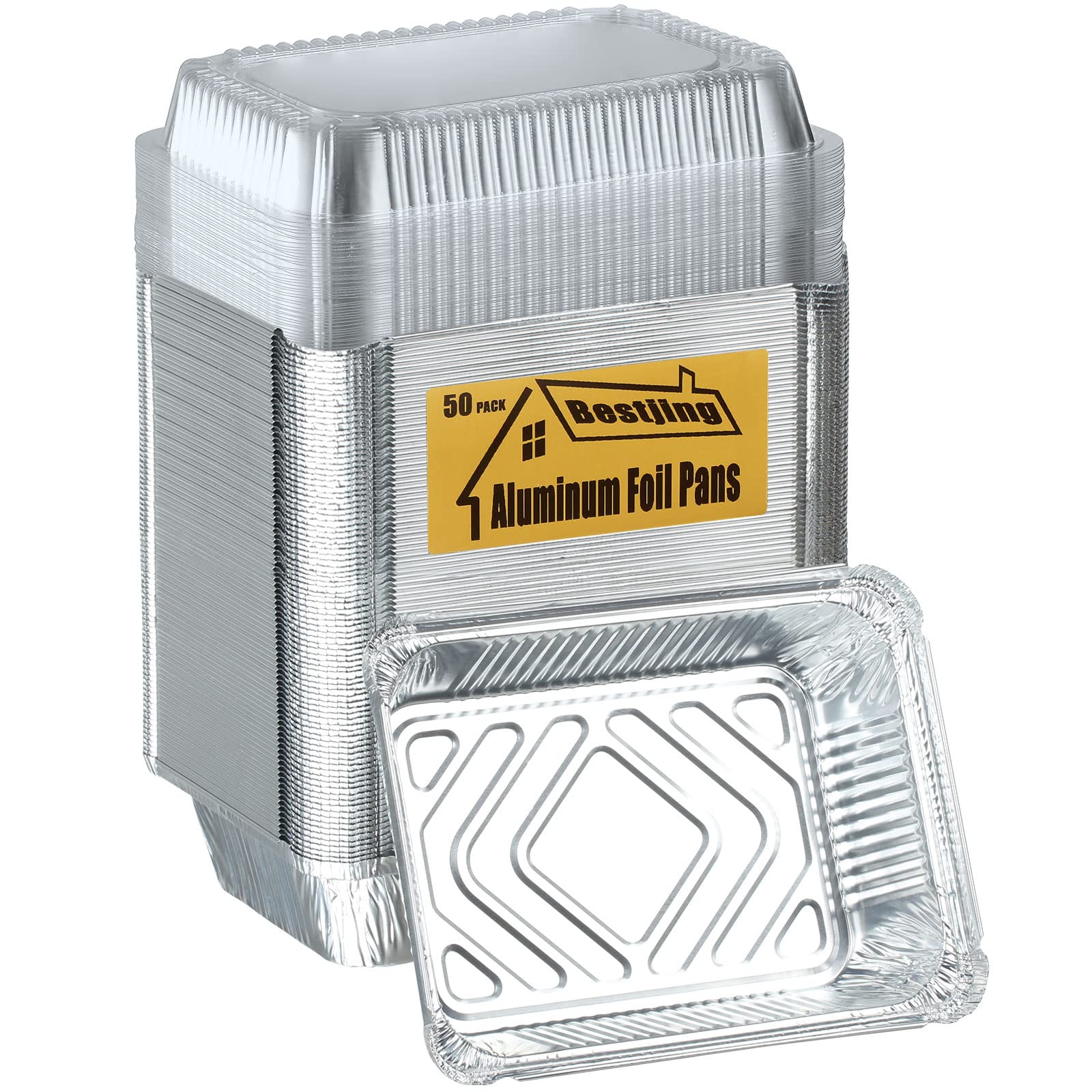 Bestjing 50 Pack Aluminum Foil Pans with Clear Plastic Lids-2.25 Lb of 8.5x6.3” Disposable Cookware Tray Takeout Foil Pans Food Containers, Perfect for Reheating, Baking, Meal Prep, To-Go Containers