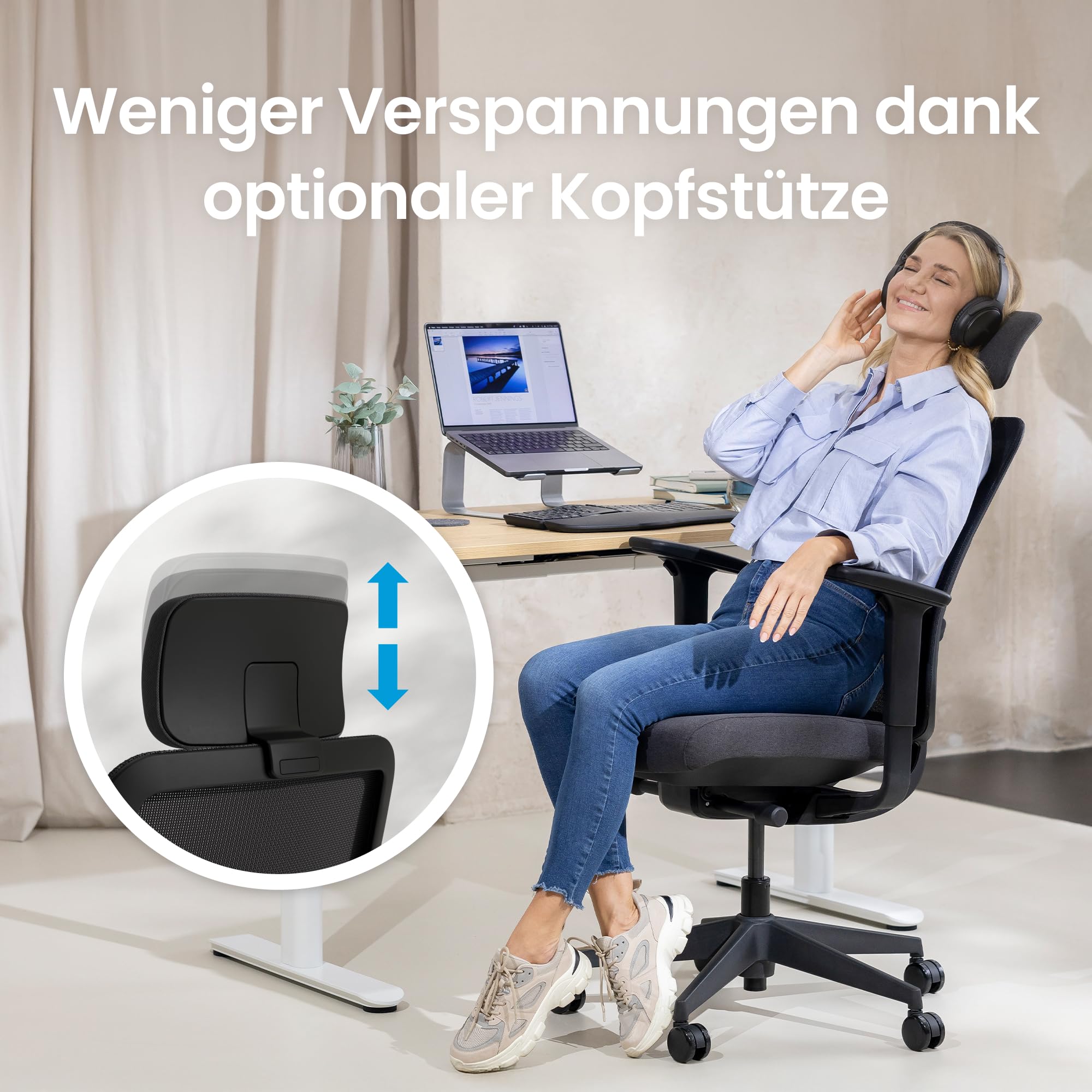 Ergotopia PureBack - Silla ergonómica oficina con reposacabezas, reposabrazos 4D y mecanismo de sincronización, para oficina en casa y juegos, cómoda silla giratoria