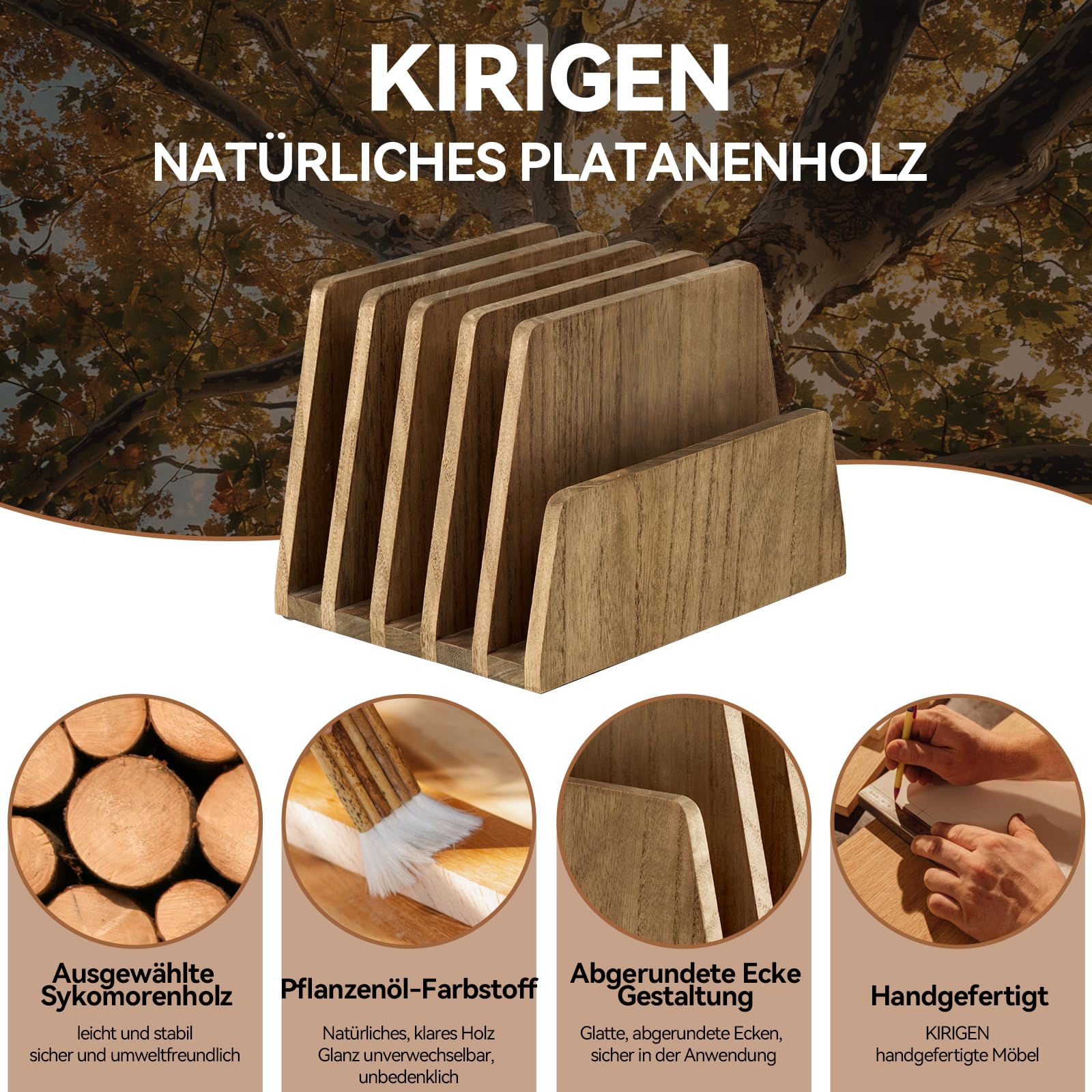 KIRIGEN Dokumentenhalter Holz, 5 Fächer Schreibtisch-Organizer aus Paulownia-Holz, 2,5 cm Fachabstand, Briefsortierer für Post, Hefte, dünne Mappen und Broschüren, Dunkelbraun, 19 x 25,2 x 18 cm