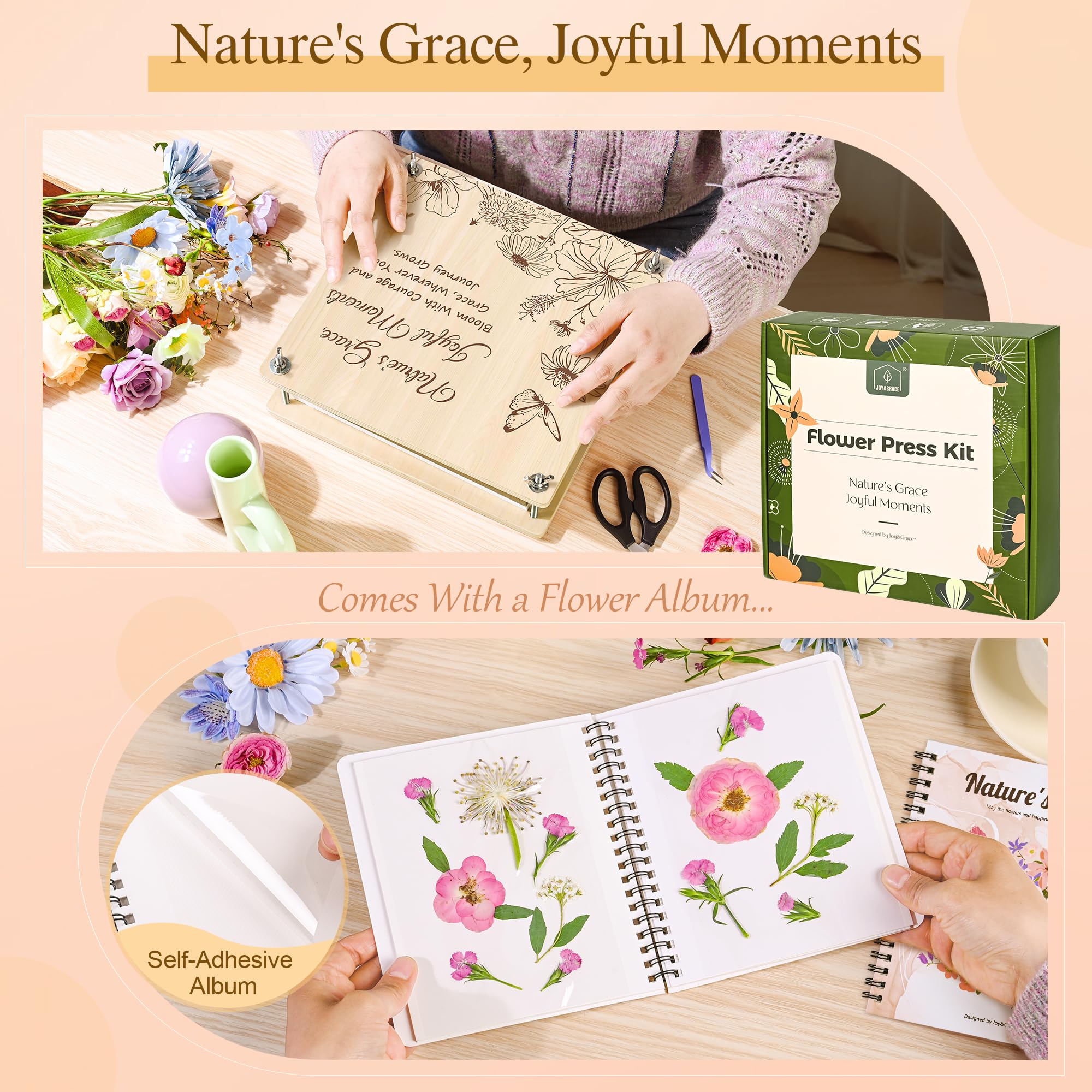 Joy&Grace Großes Blumenpresse Set 27,7 x 27,7 cm für Erwachsene, 10-lagige Pflanzenpresse mit Cover, DIY Blumenpressen Album & Trocken-Toolkit zur Blumenaufbewahrung (Geschenkbox, Naturholz)