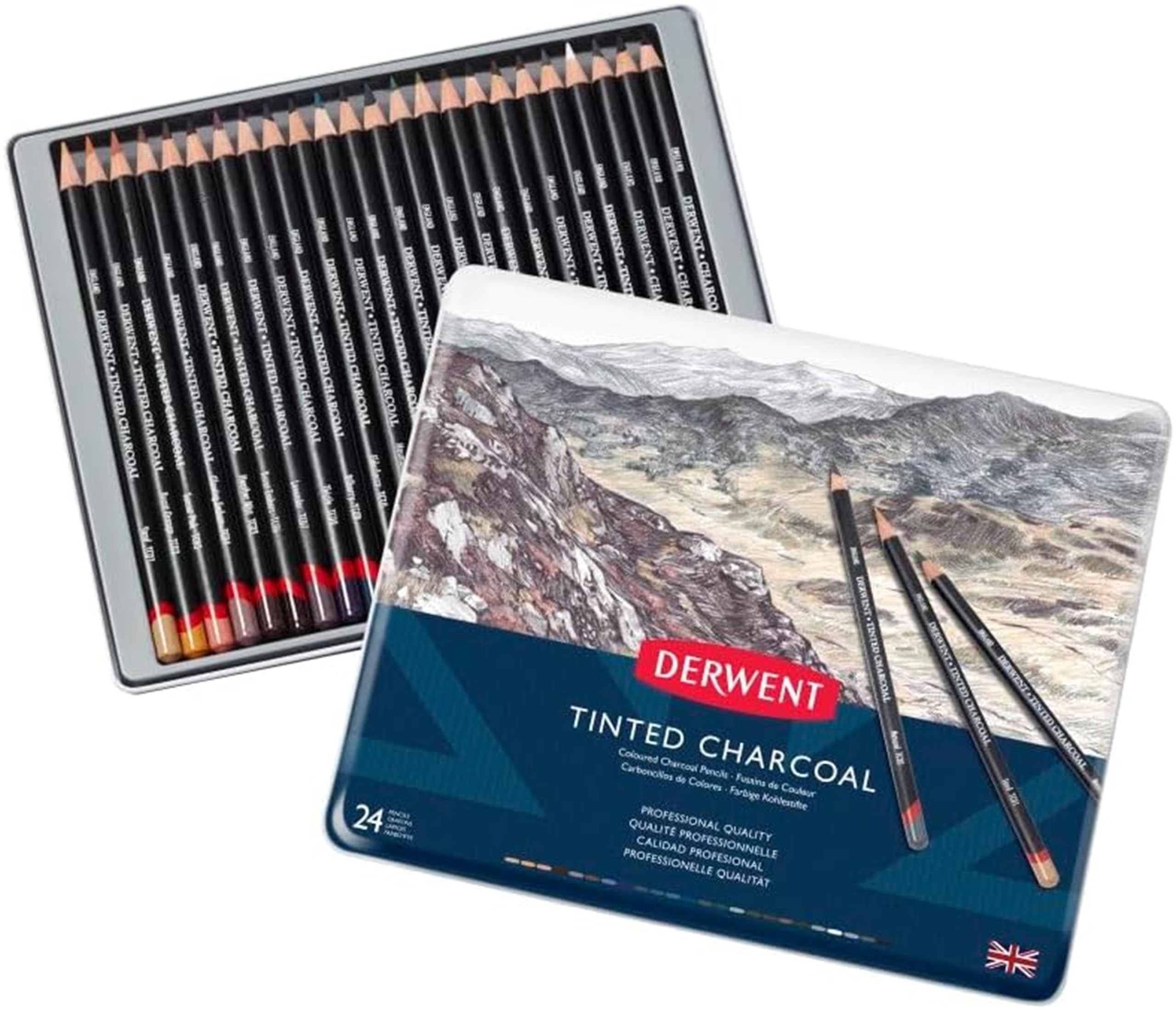 Derwent Tinted Charcoal Set di 24 Matite Colorate Acquerellabili a Carboncino per Disegnare e Scrivere, Ideali per le Sfumature, Qualità Professionale