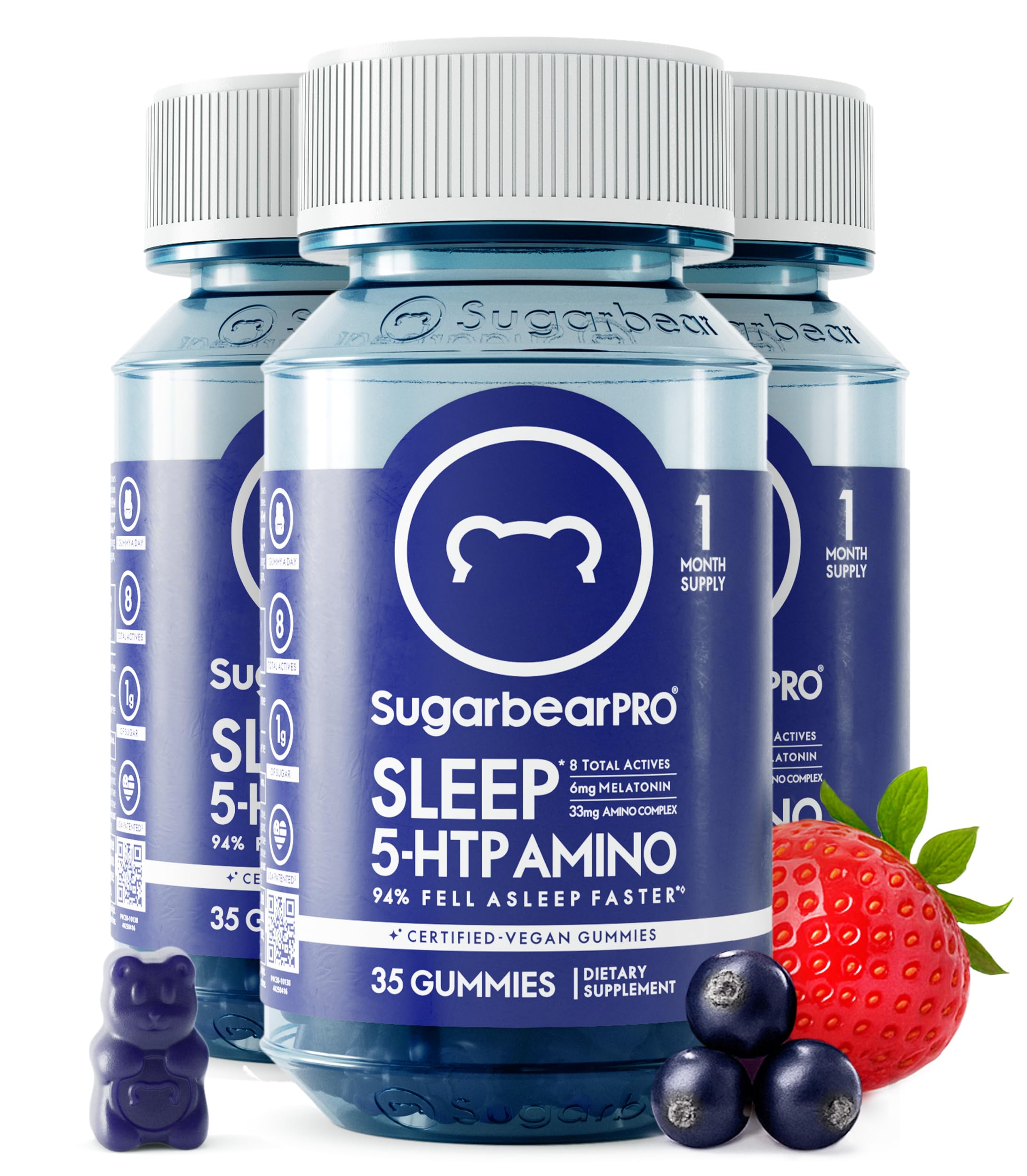Sugarbear Sleep Gummy 3 Month Supply, Extra Strength Melatonin 6mg, for Men & Women, Vegan Vitamin B6, L-Theanine, 5 HTP, Valerian, Sleep Aid for Adults & Teens, Certified Kosher, Halal, Cruelty-Free