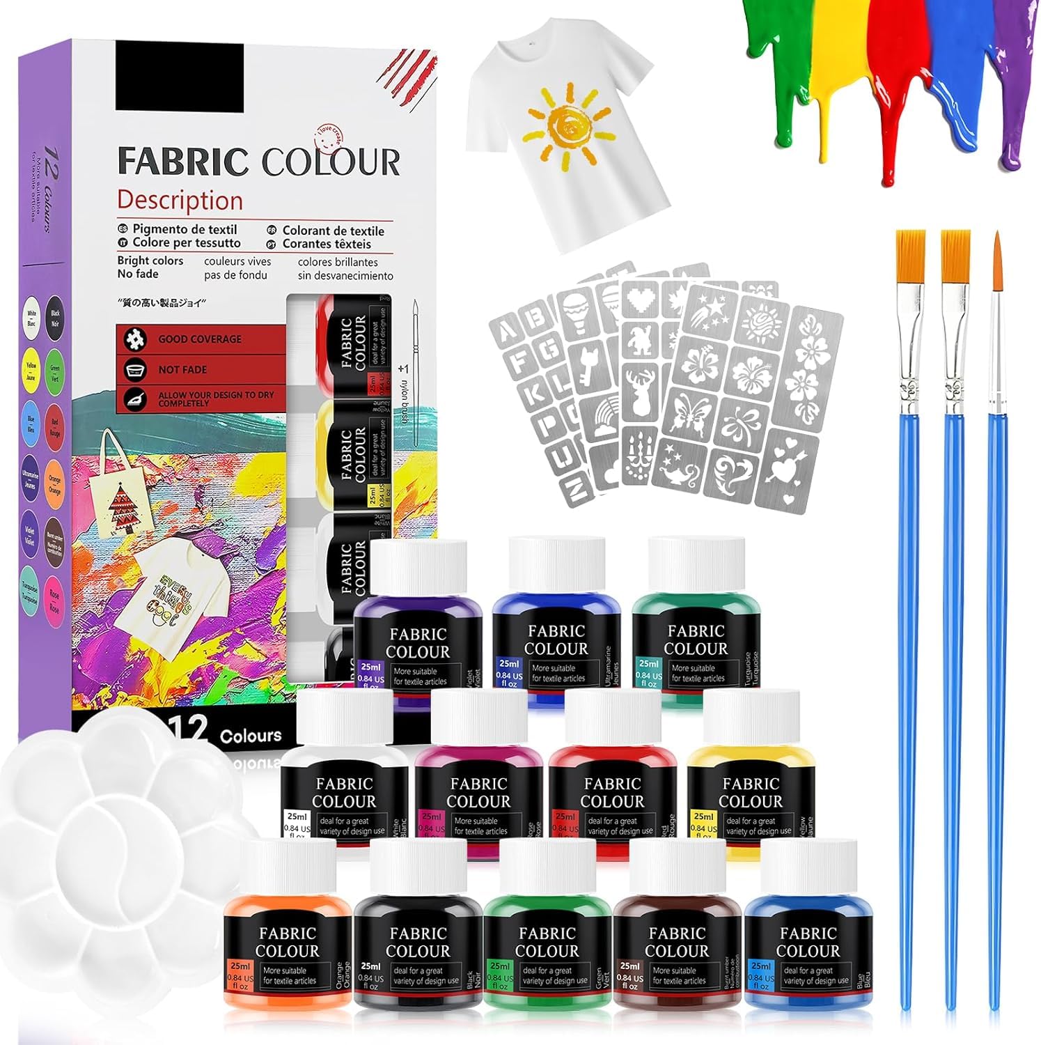 SHOPPGO 12 Colors Fabric Paints, Permanent Fabric Paint, Fabric Paint Set, Includes Stencils for Painting, Brushes, and Color Palette, Vibrant Colors, Strong Adhesion, and Long-lasting Colorfastness