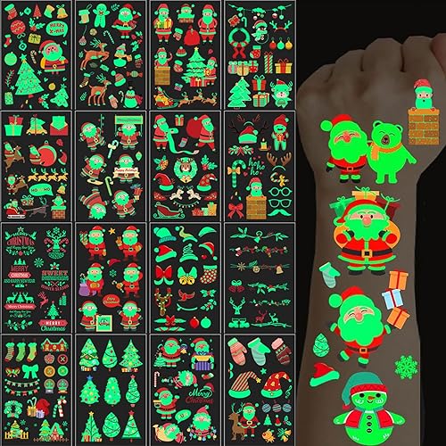 Tatuajes temporales de Navidad para niños, 260 tatuajes luminosos impermeables de Navidad, tatuajes falsos que brillan en la oscuridad, tatuajes