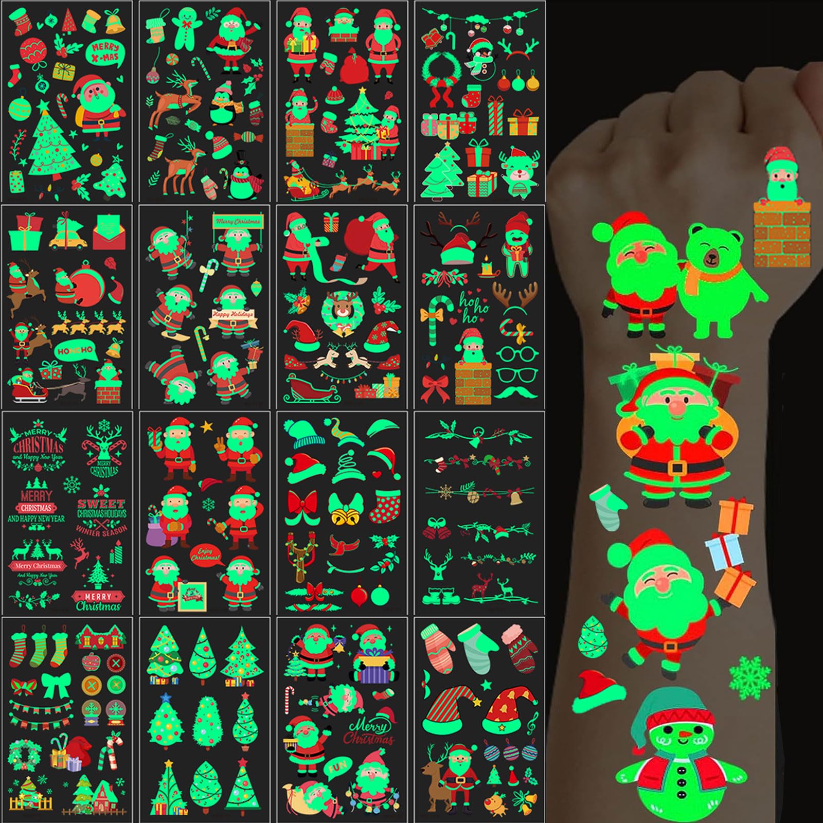 Christmas Temporary Tattoos, 260PCS Luminous Tattoos Xmas Waterproof Body Stickers, Glow in the Dark Santa Claus Face Fake Tattoo, Cute Holiday Party