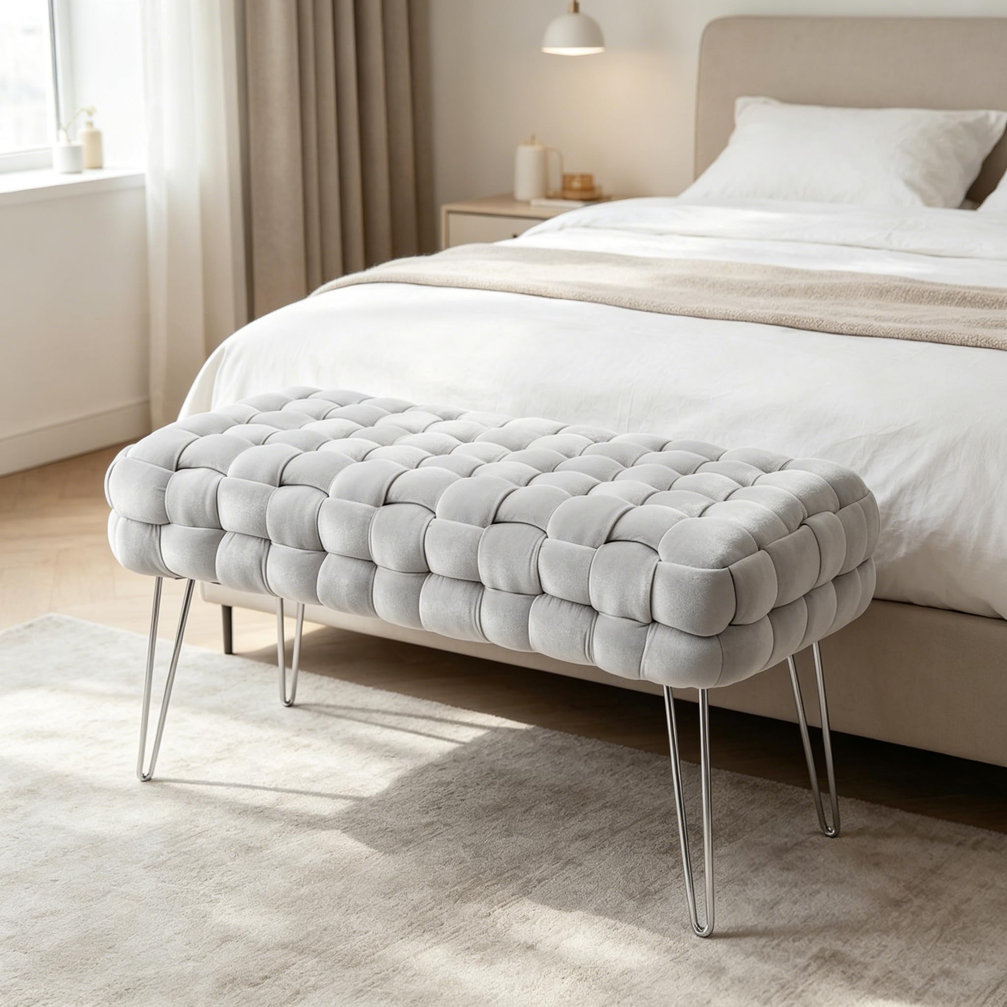Banco de Cosmética Moderno de Terciopelo, Otomana Rectangular con Patas de Metal Plateado, Asiento Acolchado de Tejido Terciopelo (Gris Claro, 38P x 70An x 41.5Al cm)