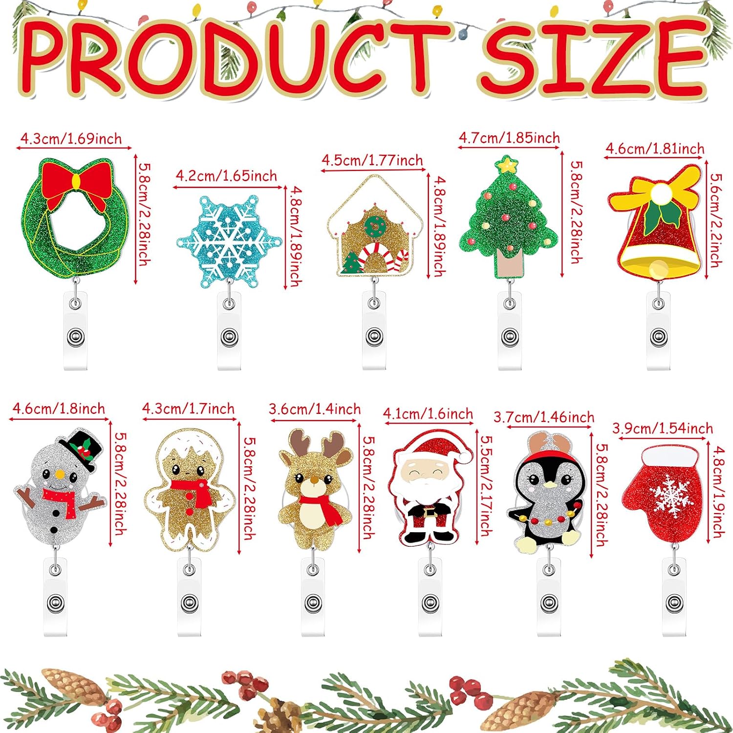Quelay 11 Pcs Christmas Badge Reels Retractable Christmas ID Name Holder with Clip Name Badges Reindeer Snowman Santa Claus Bling Glitter Name Badge Holder for Nurses Student Gifts