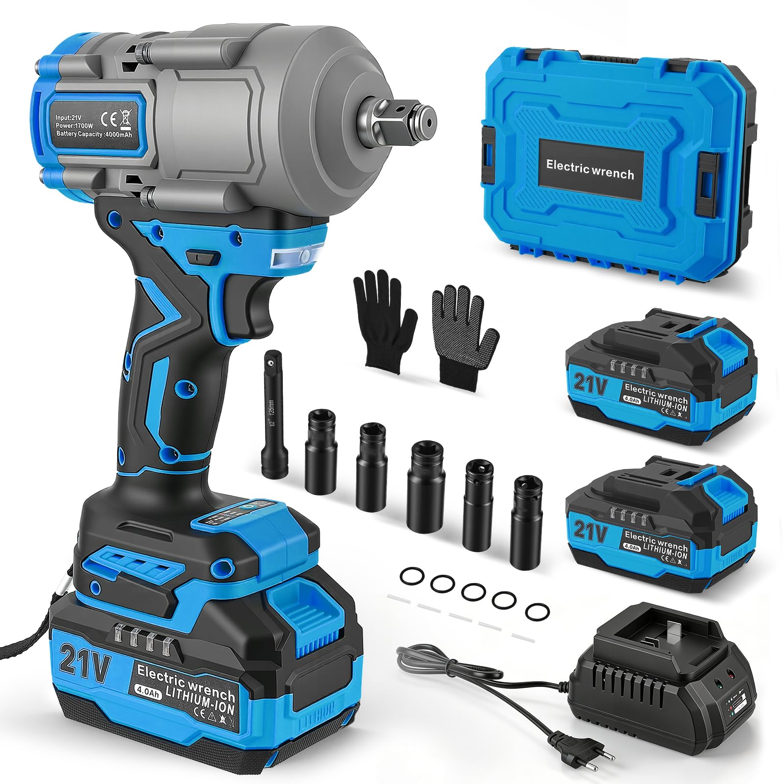 Avvitatore a Percussione 1200 Nm, 1/2" Senza Spazzole 21V con 2x4,0Ah Batteria, Avvitatore a Percussione ad Alta Coppia & 5 Prese e Valigetta per Viti e Dadi, Rimozione Pneumatici Auto Camion