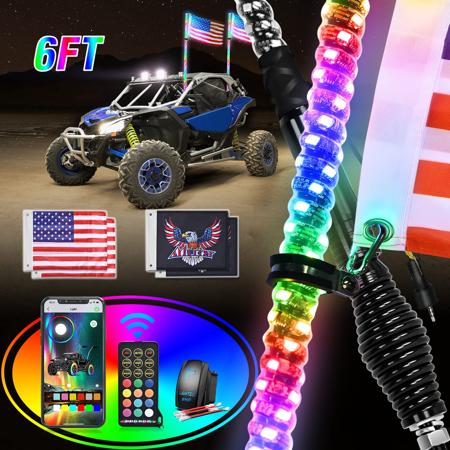 Nilight 2PCS 6FT RGB LED Whip Light with Spring Base Remote & App Control w/ DIY Chasing Patterns Turn Signal & Brake Lights for ATV UTV Polaris RZR Can-am Dune Buggy Jeep, 2 Years Warranty