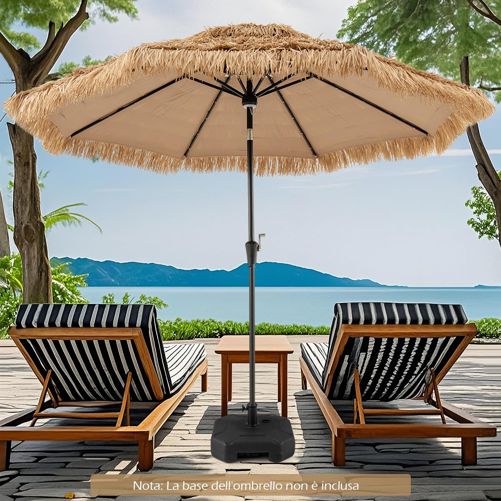 GYMAX Ombrellone da Spiaggia Pieghevole 2 M, Ombrellone di Paglia con 8 Stecche, Struttura in Metallo, Ombrello con Direzione Regolabile, Arredo da Esterno (Naturale/D.2,9 x H.1,9M)