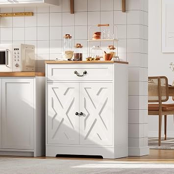 Farmhouse Coffee Bar Cabinet, Kitchen Storage Buffet Sideboard with 2 Doors, Drawers & Adjustable Shelf, Cabinet for Kitchen, Living Room, Entryway, 29.3 x 15.7 x 33.5in, White