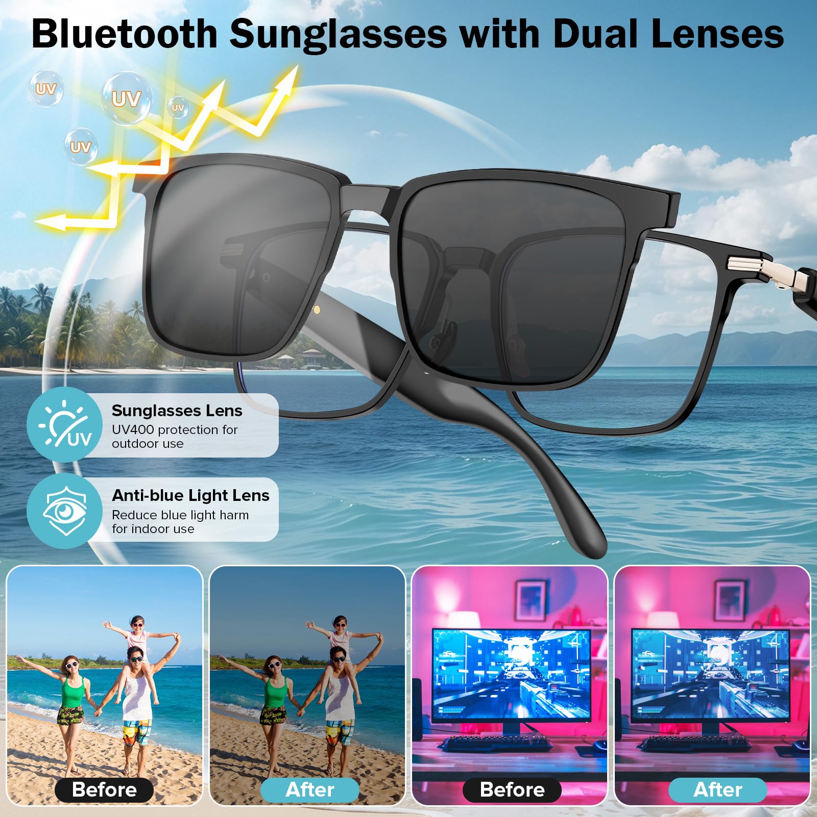 Lunettes Intelligentes, Lunettes de Soleil Bluetooth IA pour Hommes et Femmes avec Traduction en Temps