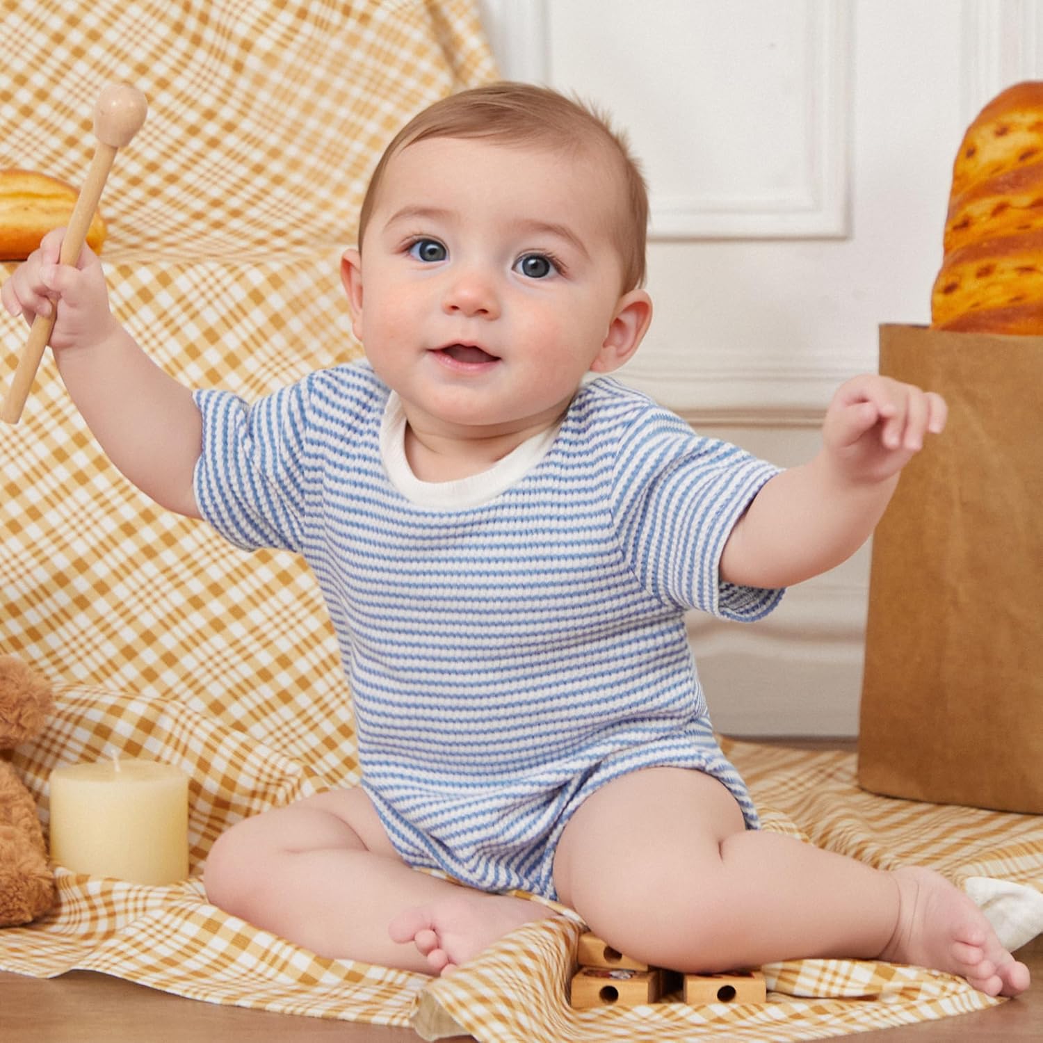 VISGOGO Unisex Baby Boy Girl Striped Romper Waffle Short Sleeve Bubble Oversized Romper Bodysuit Summer Onesie Clothes - Image 5