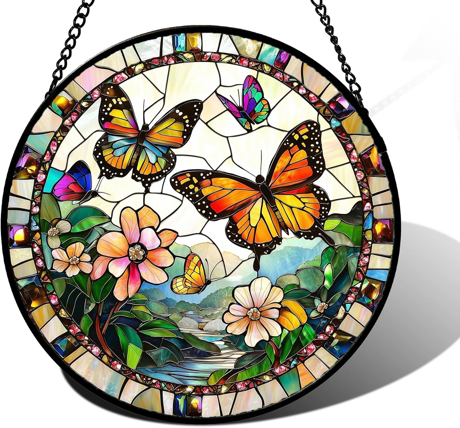 Stained Glass Window Hanging, Butterflies Flying in The Sky Suncatcher for Doors Home Sun Catchers Decoration and Christmas, Mother's Day Birthday Gifts for Women, Men, and Mom 7.8 in