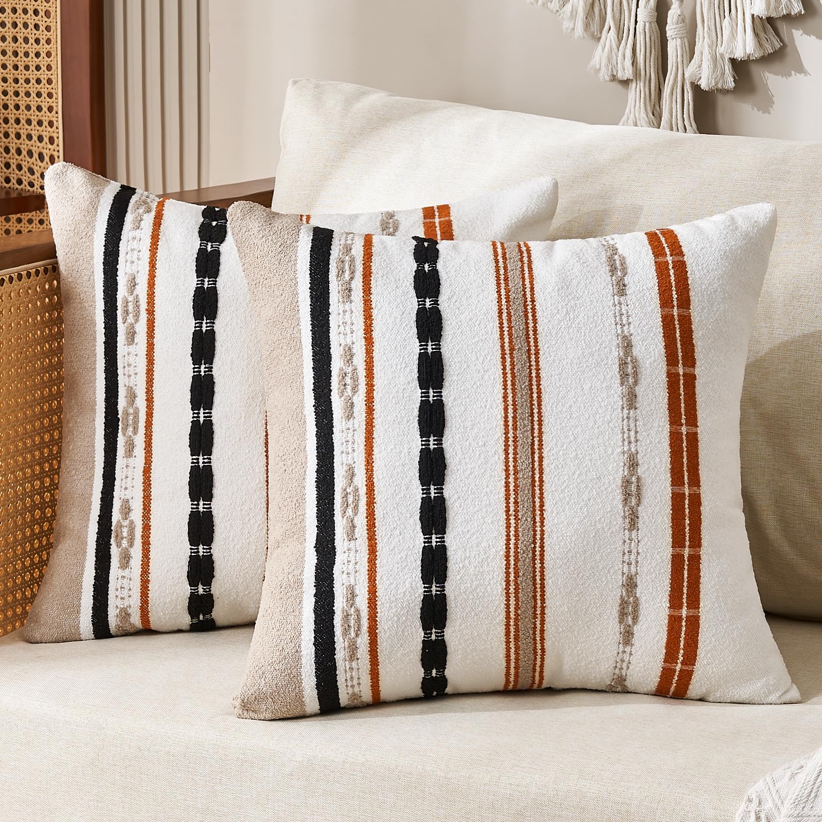 Boho Pillow Covers 18x18 Square Farmhouse Decorative Cushion Case Striped Square Cushion Cover Cozy Soft Neutral Throw Western Pillows Protector