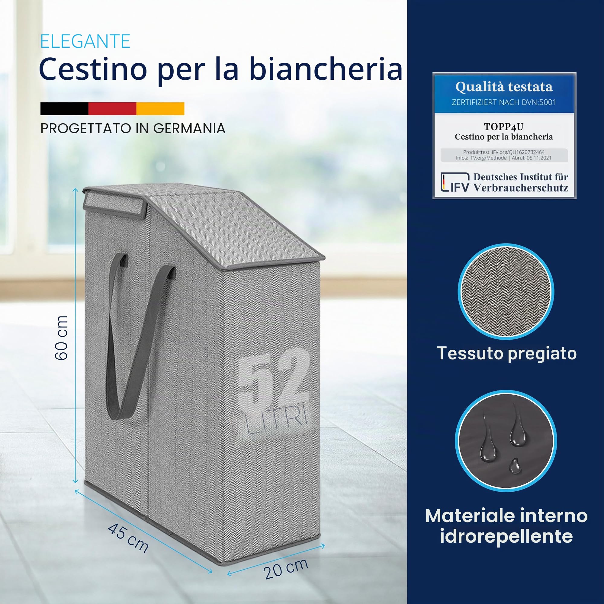 Topp4u Cesto per la Biancheria Stretto con Coperchio – Cesto per la Biancheria Pieghevole per Riti con Molto Volume – 52 Litri – 20 x 45 x 60 cm – Cestino per la Lavanderia Sottile in Design Grigio