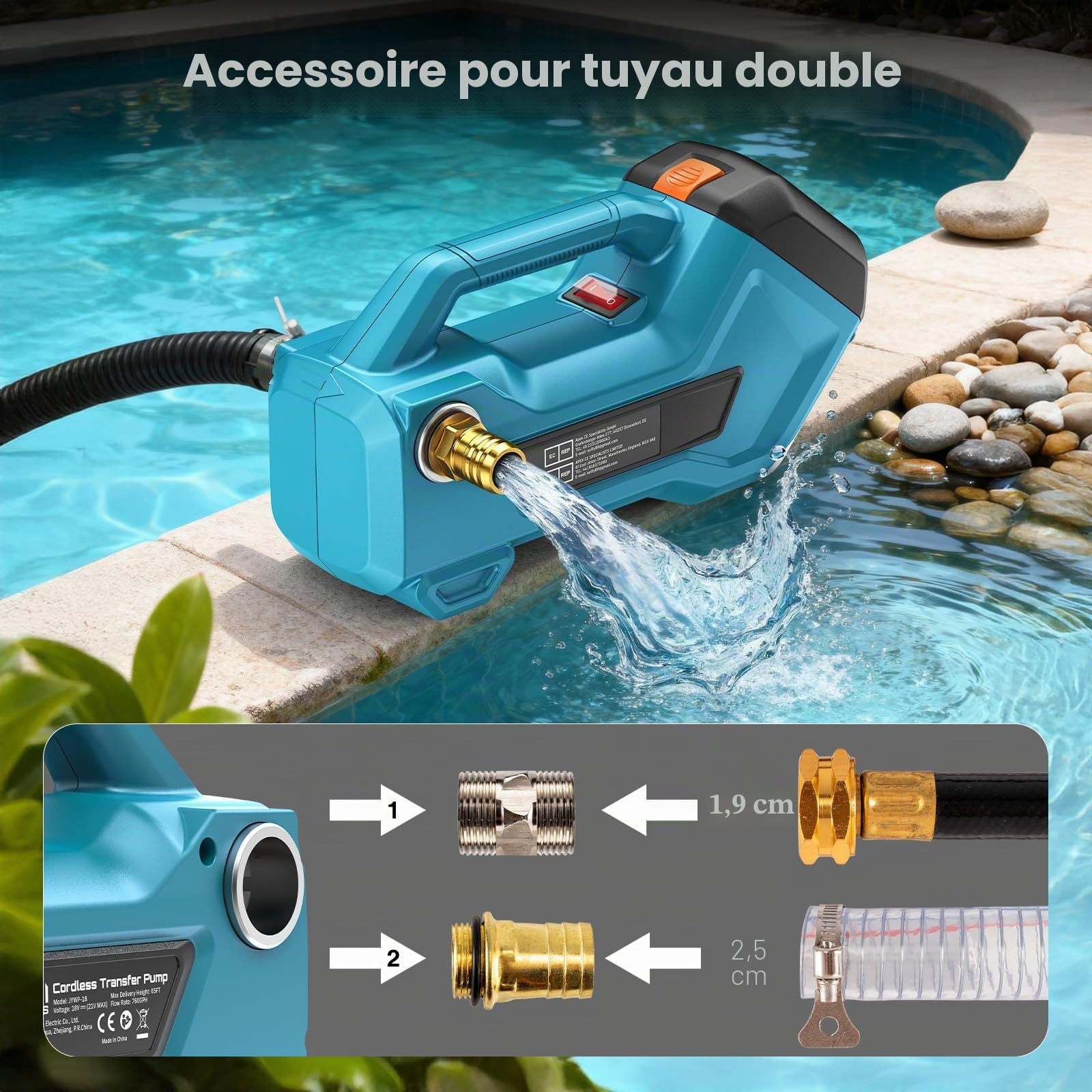 Seesii Pompe de transfert sans fil pour eau/diesel, 2880 l/h, auto-amorçante, 2 batteries de 4000 mAh, pompe domestique électrique portable pour camping-car, jardin, jacuzzi, piscine, étang, aquarium