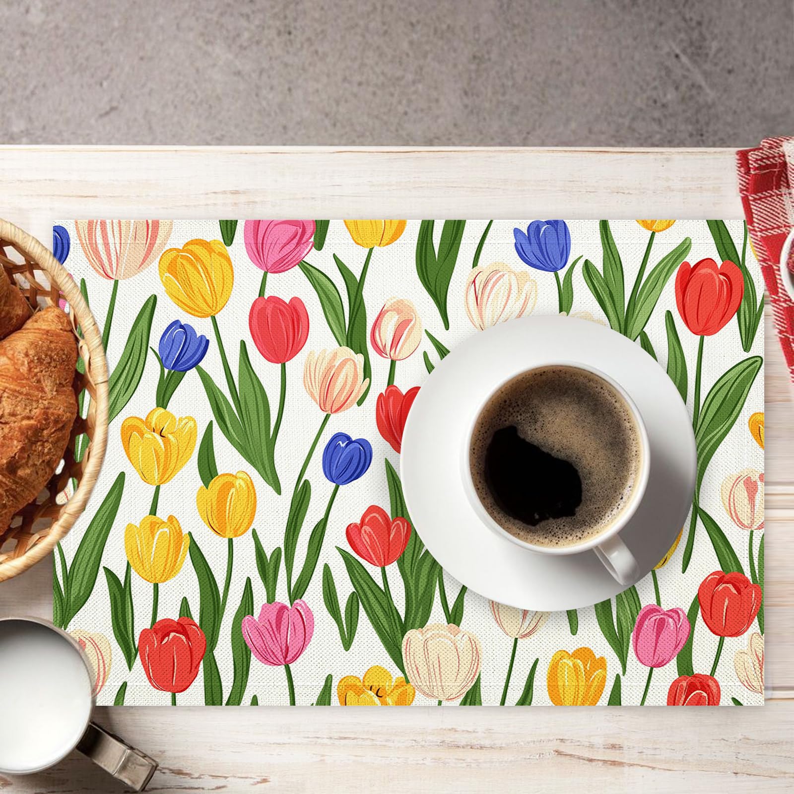 Set di 8 Tovagliette Americane Lavabili Cotone Lino Fumetto - Tovaglietta Americana Resistenti al Calore Durevole Tulipano - per Colazione Pranzo 30×45 cm