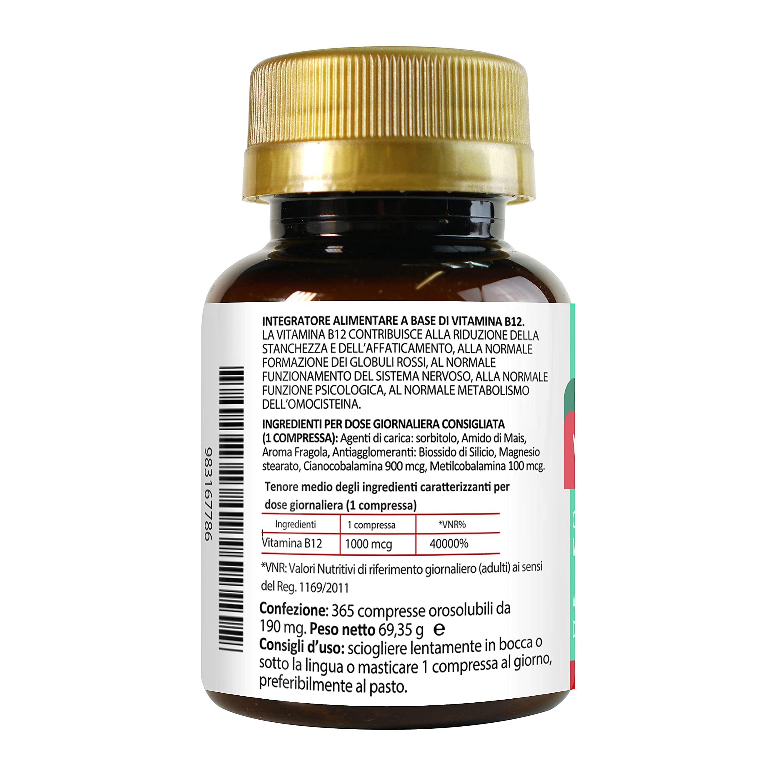 Vitamina B12 Masticabile 1000 mcg 3650 Compresse Orosolubili 1 al dì | Senza Glutine e Lattosio | non di origine animale | Cianocobalamina Metilcobalamina | Energia | Sistema Immunitario