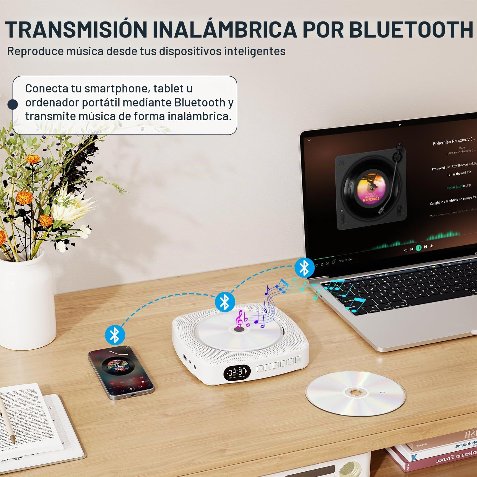 WOLFANG Reproductor de CD portátil Bluetooth para casa y Exterior, con Altavoces, batería Recargable 4000 mAh, Radio FM, USB, Mando a Distancia, Montaje en Pared y Soporte de Mesa