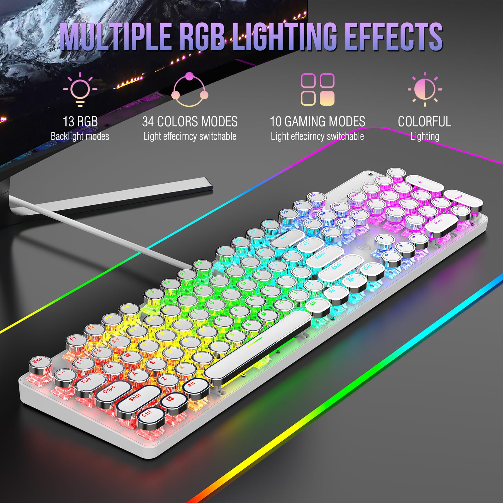 Mechaniczna klawiatura do gier z czerwonymi przełącznikami z podświetleniem RGB, 104 klawisze, okrągła nasadka klawiszy retro, przewodowa, styl maszyny do pisania, wygodny dźwięk pisania (biała RGB)