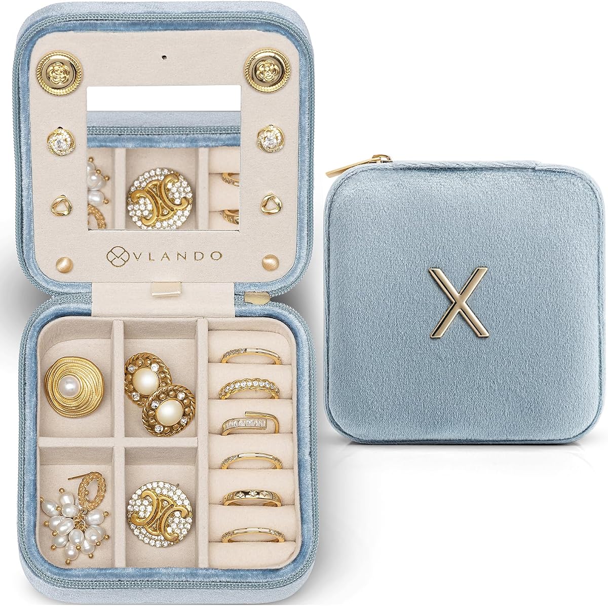 VLANDO Travel Jewelry Case for Women Girls, X Initial Jewelry Box, Small Jewelry Box for Women, Gifts for Girls - Letter X, Navy Blue