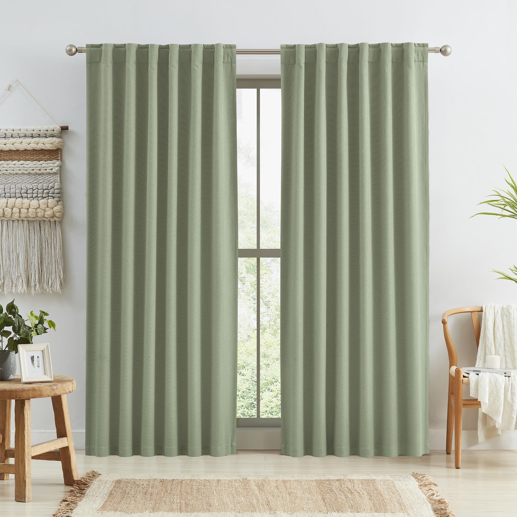 KEQIAOSUOCAI Sage Green Blackout Linen Curtains 84 Inch Length 2 Panels Set, Back Tab Rod Pocket Hooks Window Treatment Boho Cotton Textured Long Drapes for Bedroom Living Room 50x84 — image 1