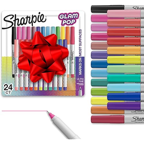 Sharpie Glam Pop Permanent Markers, Ultra Fine Tip Set, Coloring and Drawing, Resilient Ink, Assorted Colors, 24 Count