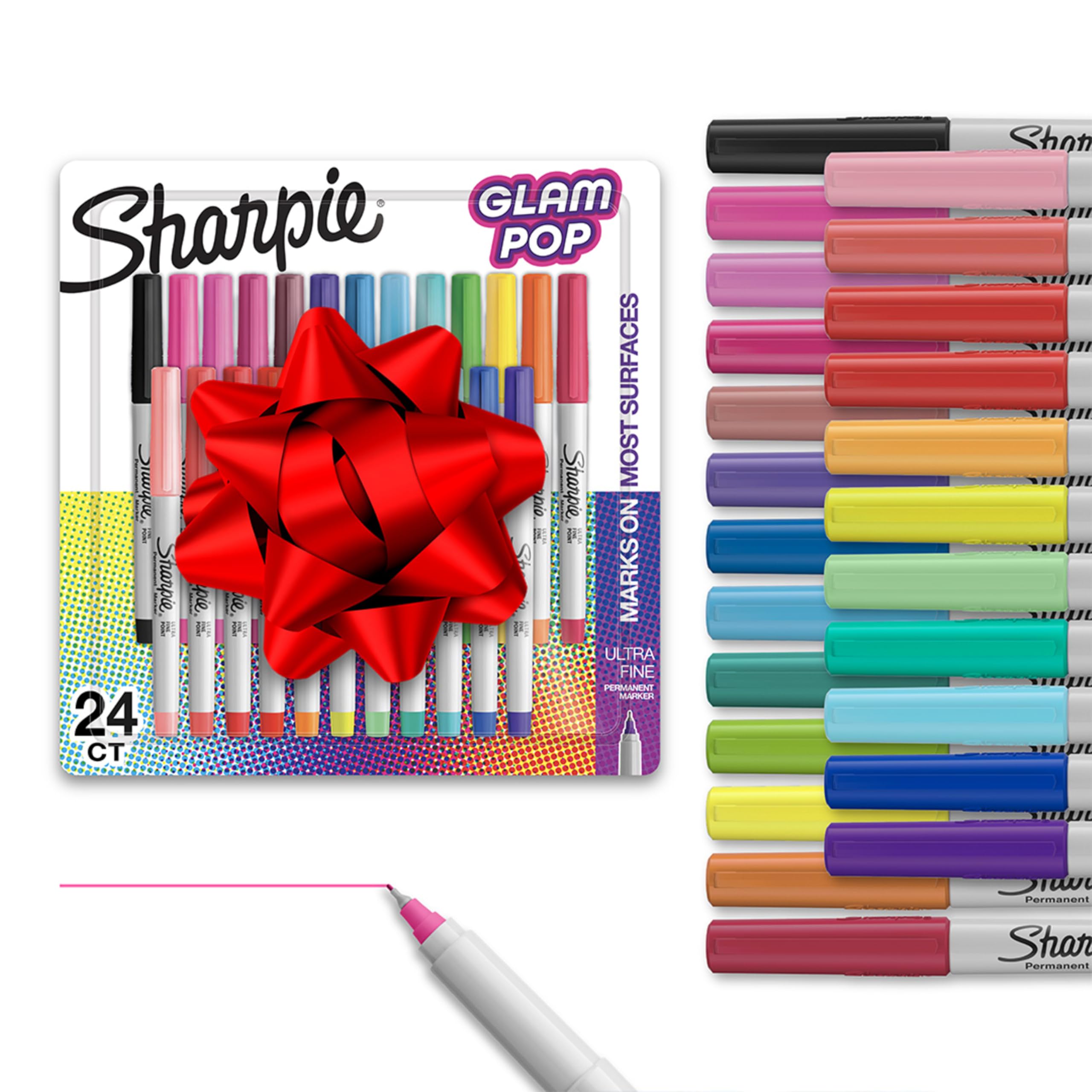 Sharpie Glam Pop Permanent Markers, Ultra Fine Tip Set, Coloring and Drawing, Resilient Ink, Assorted Colors, 24 Count