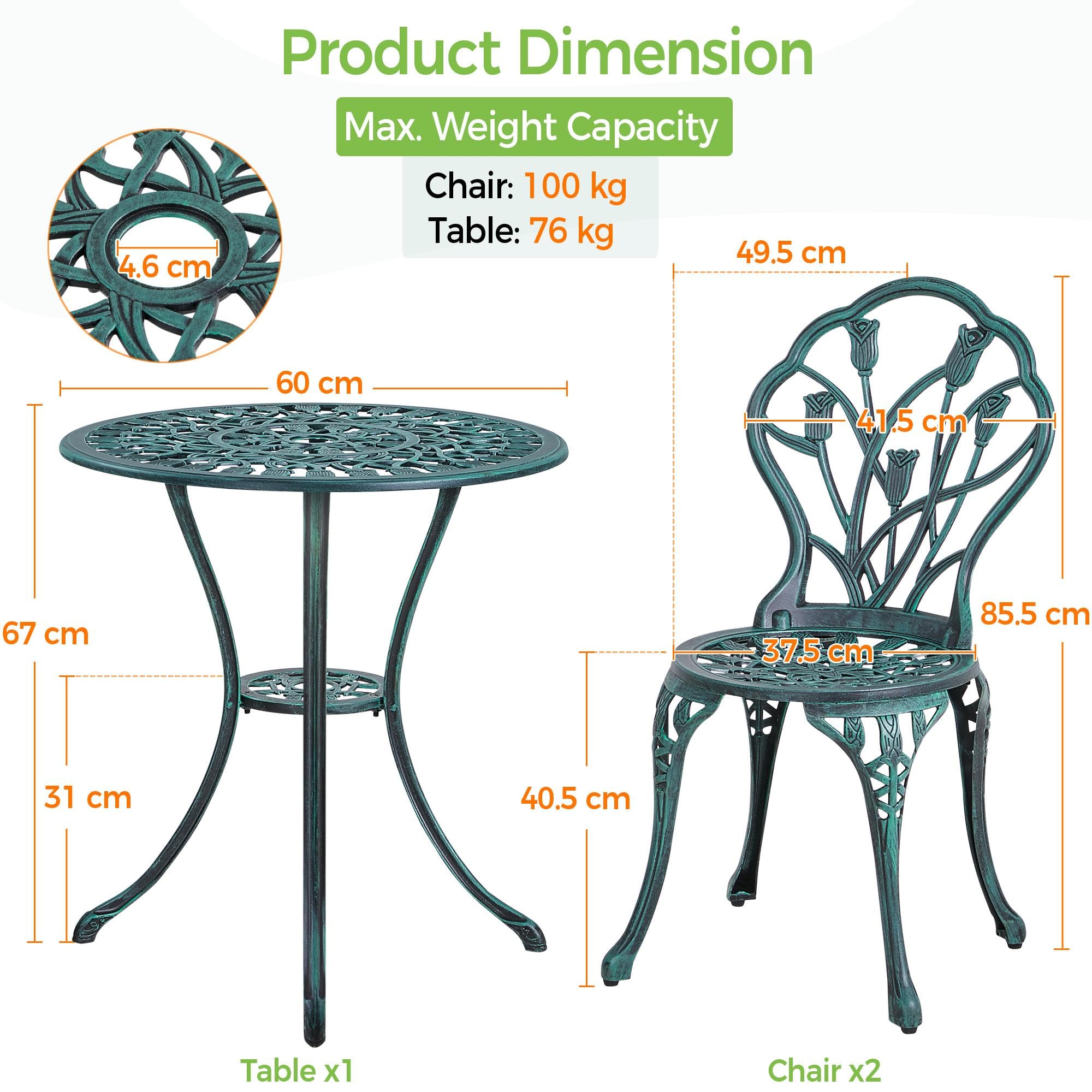 Yaheetech Conjunto de Mesa y Silla Exterior Mueble de Aluminio para Jardín Balcón Terraza Patio 2 Sillas y 1 Mesa Verde