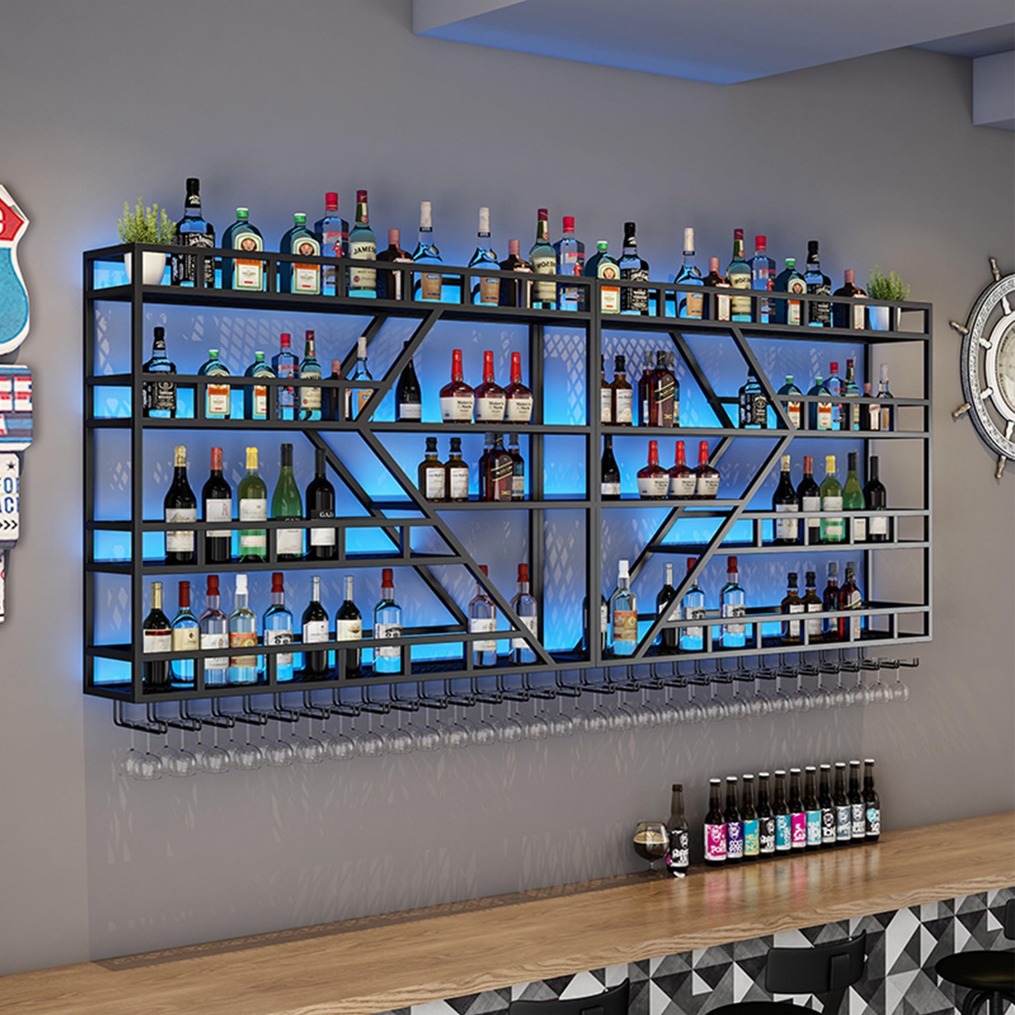 Wall Mounted Wine Rack with LED Light - Floating Bar Shelves for Wine Bottles, Whiskey & Liquor Display, Hanging Glass Holder - Home Bar & Cafe Decor (Black)