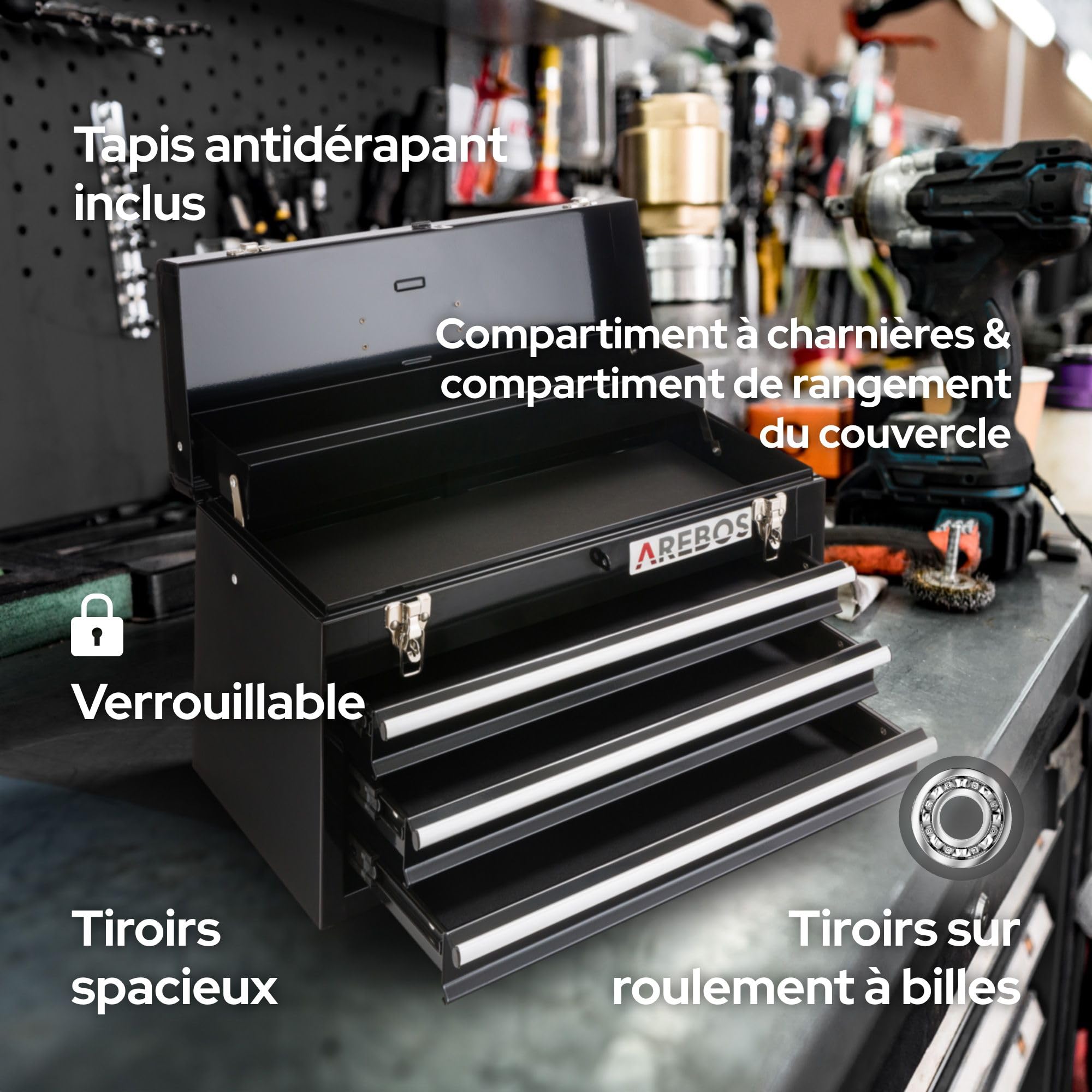 Arebos Boîte à outils avec 3 tiroirs et 2 compartiments de rangement | Poignée de transport et fermetures à pression | Coffret à Outils | Tapis antidérapants | Noir