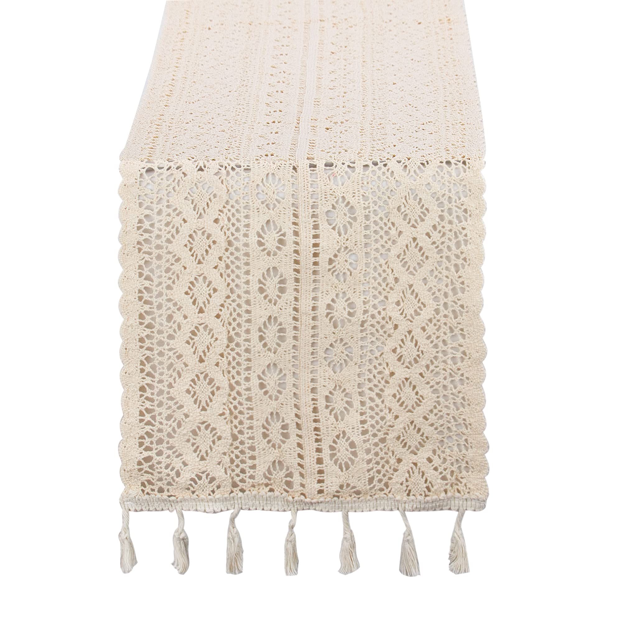 Time to Sparkle Cotton Handmade Crochet Lace Table Runner Beige Rectangle Coffee Table Dresser Decor (24x180 CM)