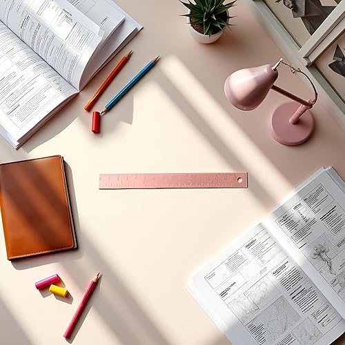 Miniatura 7 de Regla de oro rosa, regla de dibujo de metal, latón recto, marcador de medición de aprendizaje unisex, papelería para escuela, oficina, matemáticas,