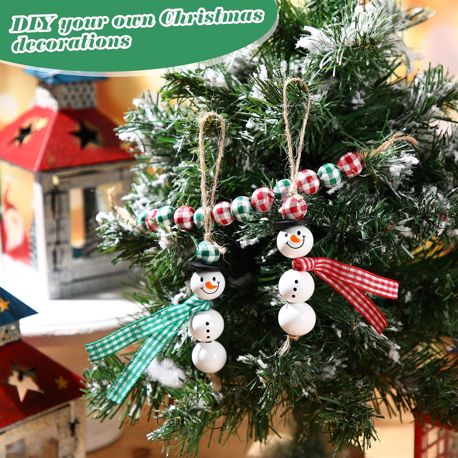Yulejo 180 Pieces Christmas Snowman Wooden Bead Christmas Crafts for Adults Winter Buffalo Plaid Wood Round Bead with DIY Twine Scarf for Crafts(Novel Color) - Image 4