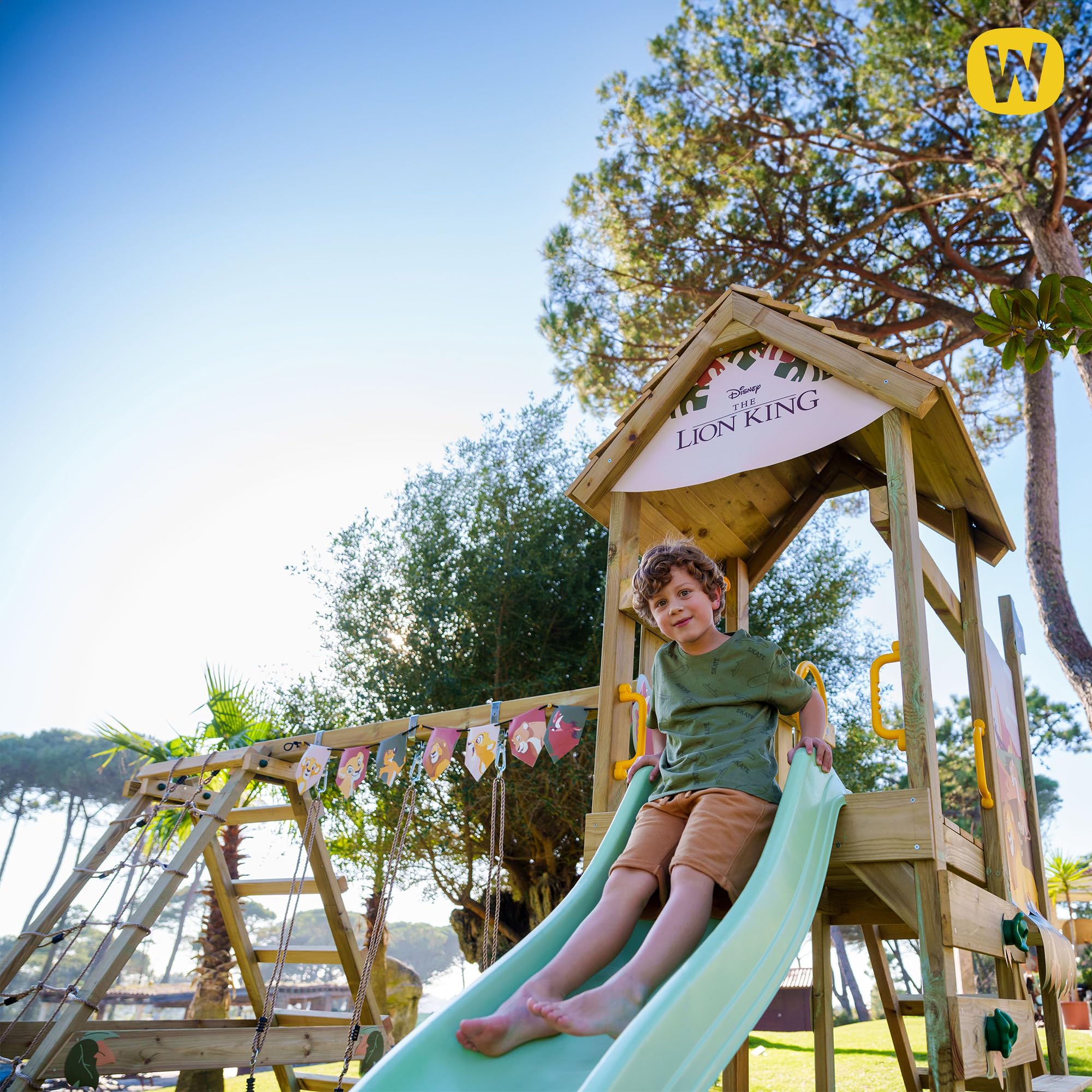 Disney's Der König der Löwen Story Spielturm von Wickey - Klettergerüst, Kletterturm, Gartenspielgerät für Kinder - Outdoor Garten Spielplatz aus Holz mit Sandkasten