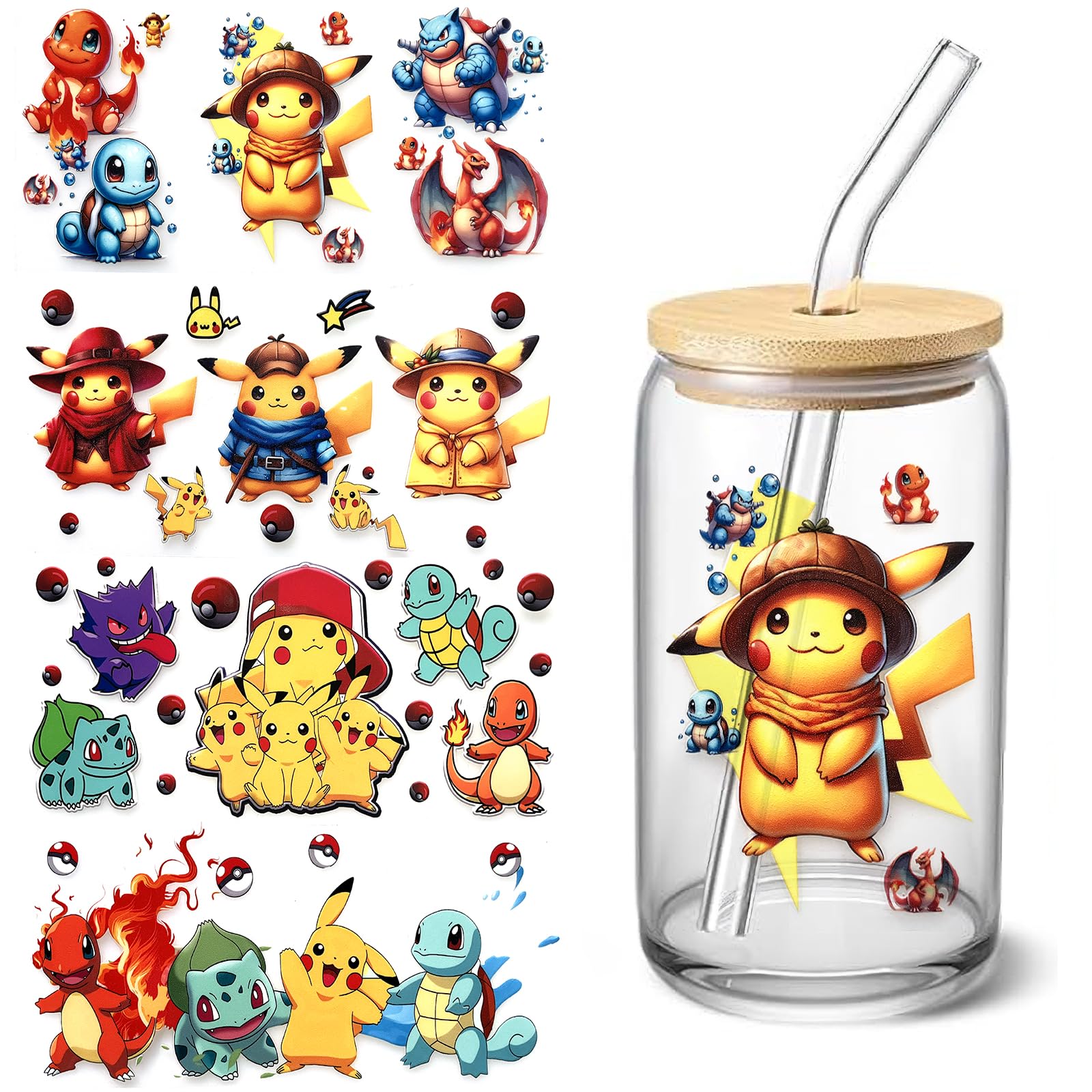 4 Sheets UV DTF Cup Wraps Transfer Stickers for Glass, Cartoon Cup Wraps Decal Stickers for Tumbler Cups (Anime)