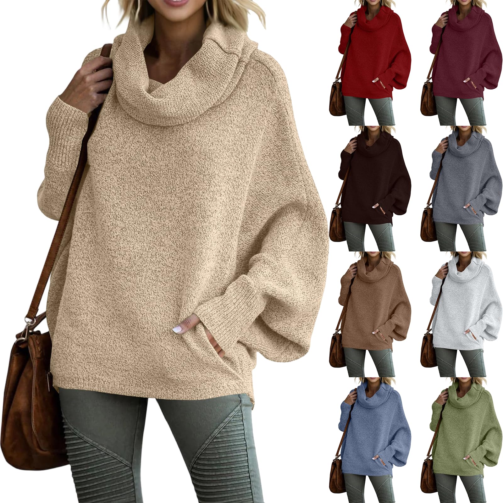 Oversized Sweaters for Women Casaul Cowl Neck Pullover Slouchy Batwing Long Sleeve Loose Fit Jumper Top with Pockets
