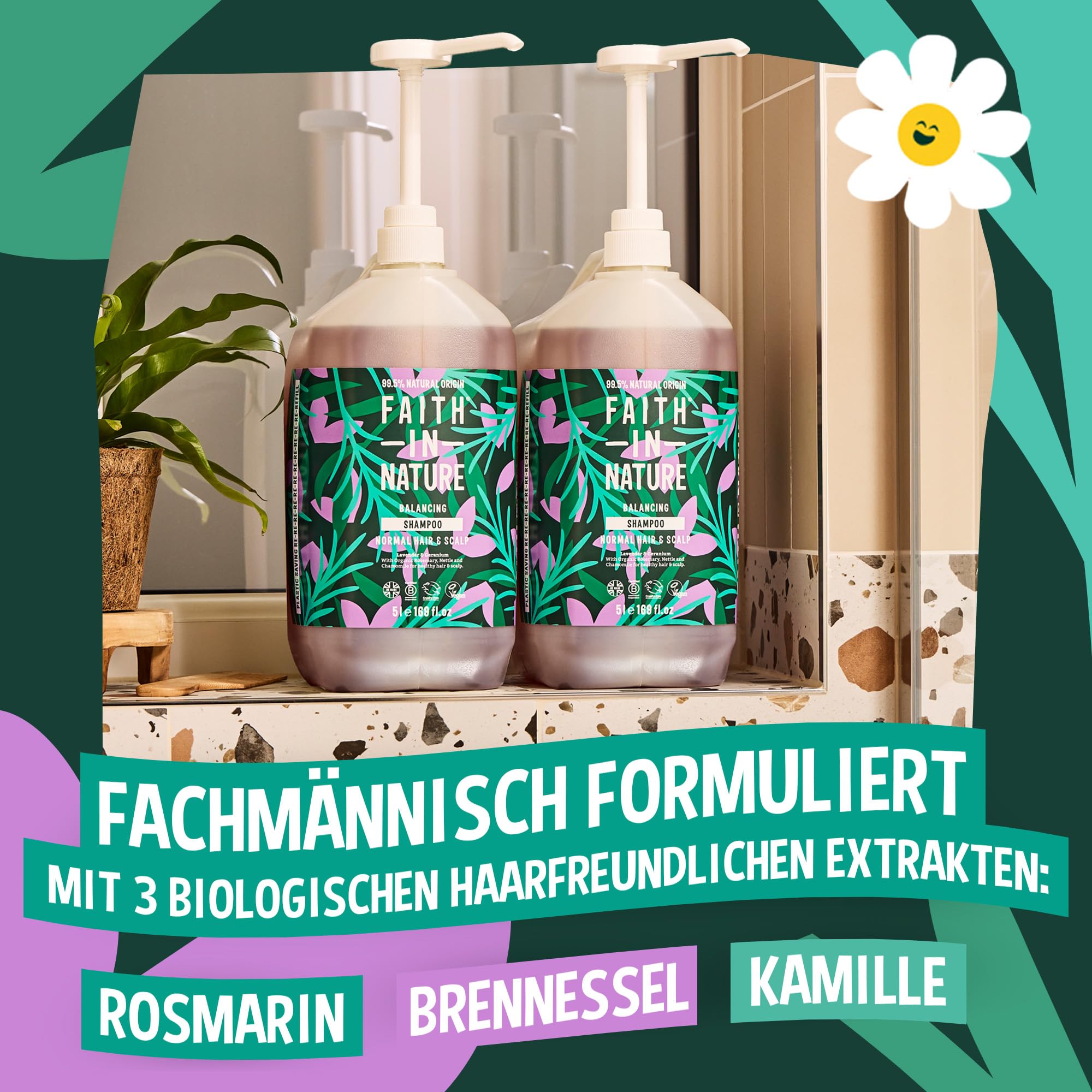 Faith In Nature Natürliches Lavendel- & Geranium-Shampoo, ausgleichend für normales Haar und Kopfhaut, vegan & tierversuchsfrei, ohne SLS, Silikone oder Parabene, 5-Liter-Nachfüllpack