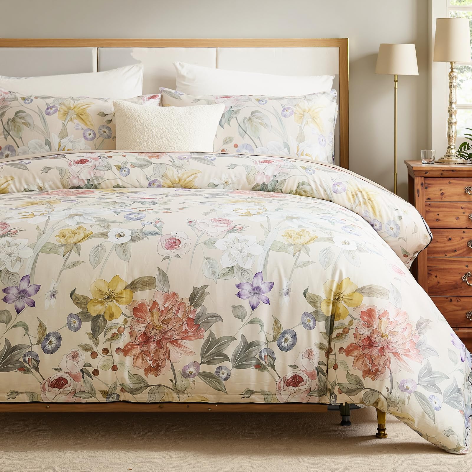 100% Cotton Duvet Cover Queen Size – Blooming Garden Duvet Cover Set with Zipper Closure & Corner Ties, 3-Piece Silky Soft & Breathable Pastel Floral Bedding Set for All Seasons-image-20