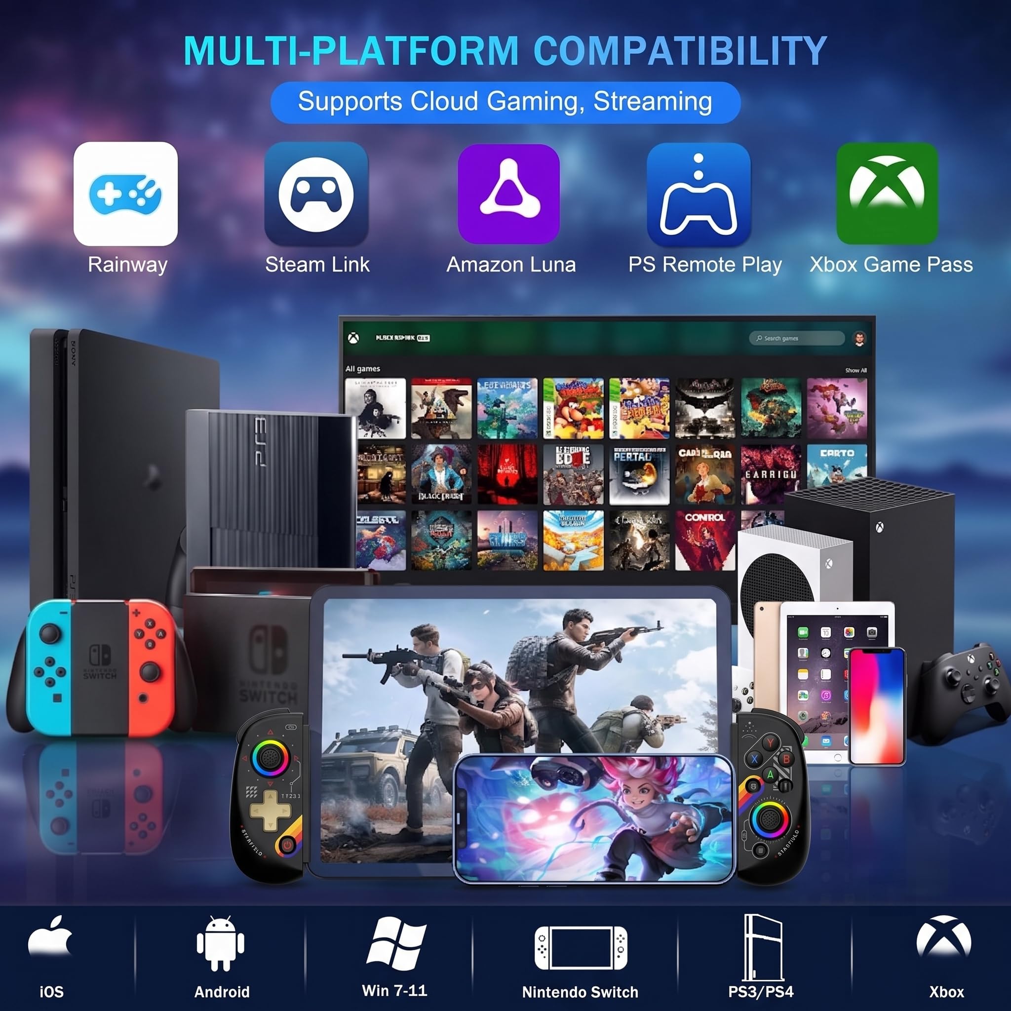 Megadream Controller da gioco mobile per iPad/tablet (fino a 10 pollici) RGB Light Bluetooth Gamepad per iPhone/Android/PC/Switch, joystick effetto Hall con trigger lineare, funzione turbo, nero