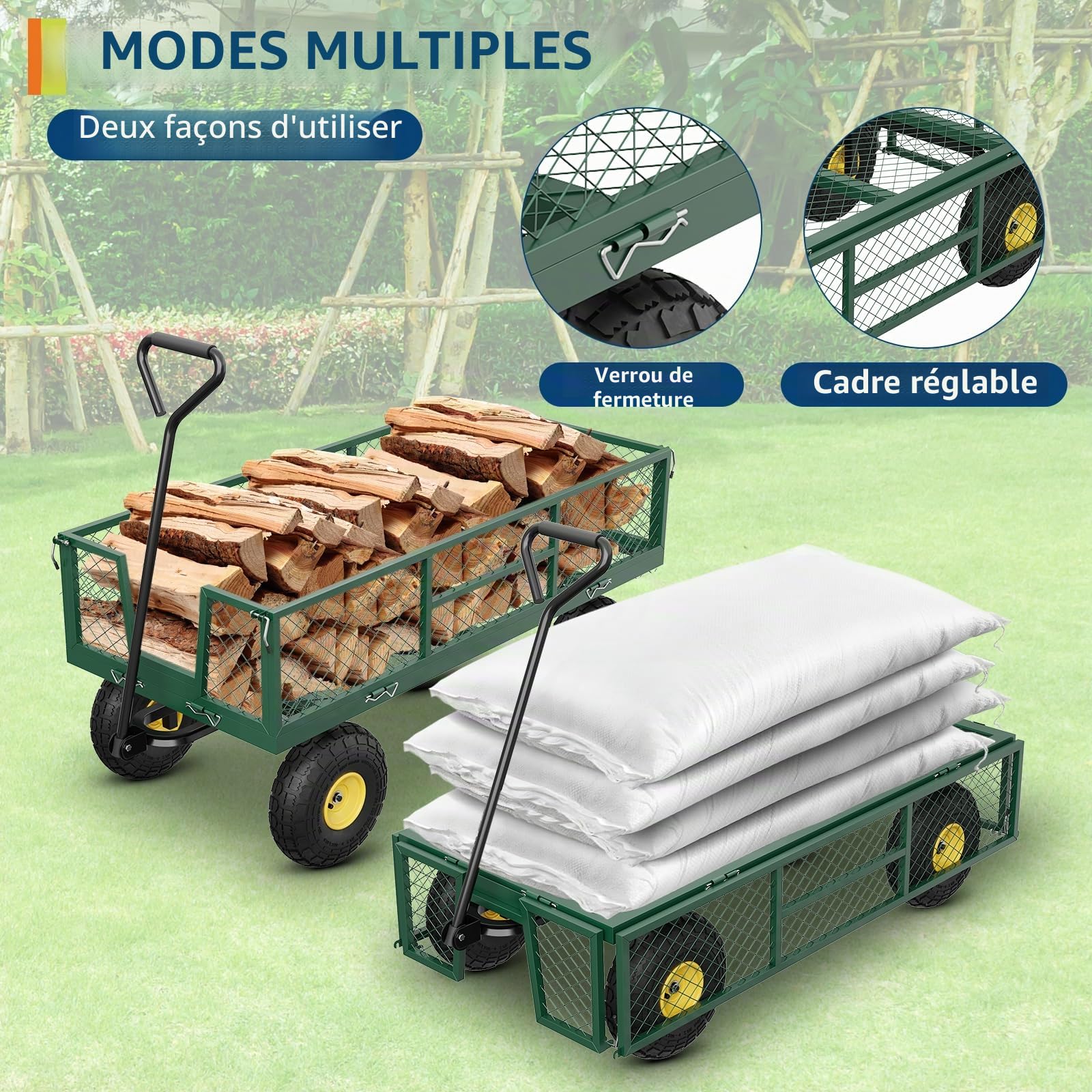 Garvee Chariot de Jardin Robuste 900LBS – Sides en Maille Amovibles – Poignée réglable – Pneus 25 cm – Corps Vert, poignée Noire, Rayons Jaunes