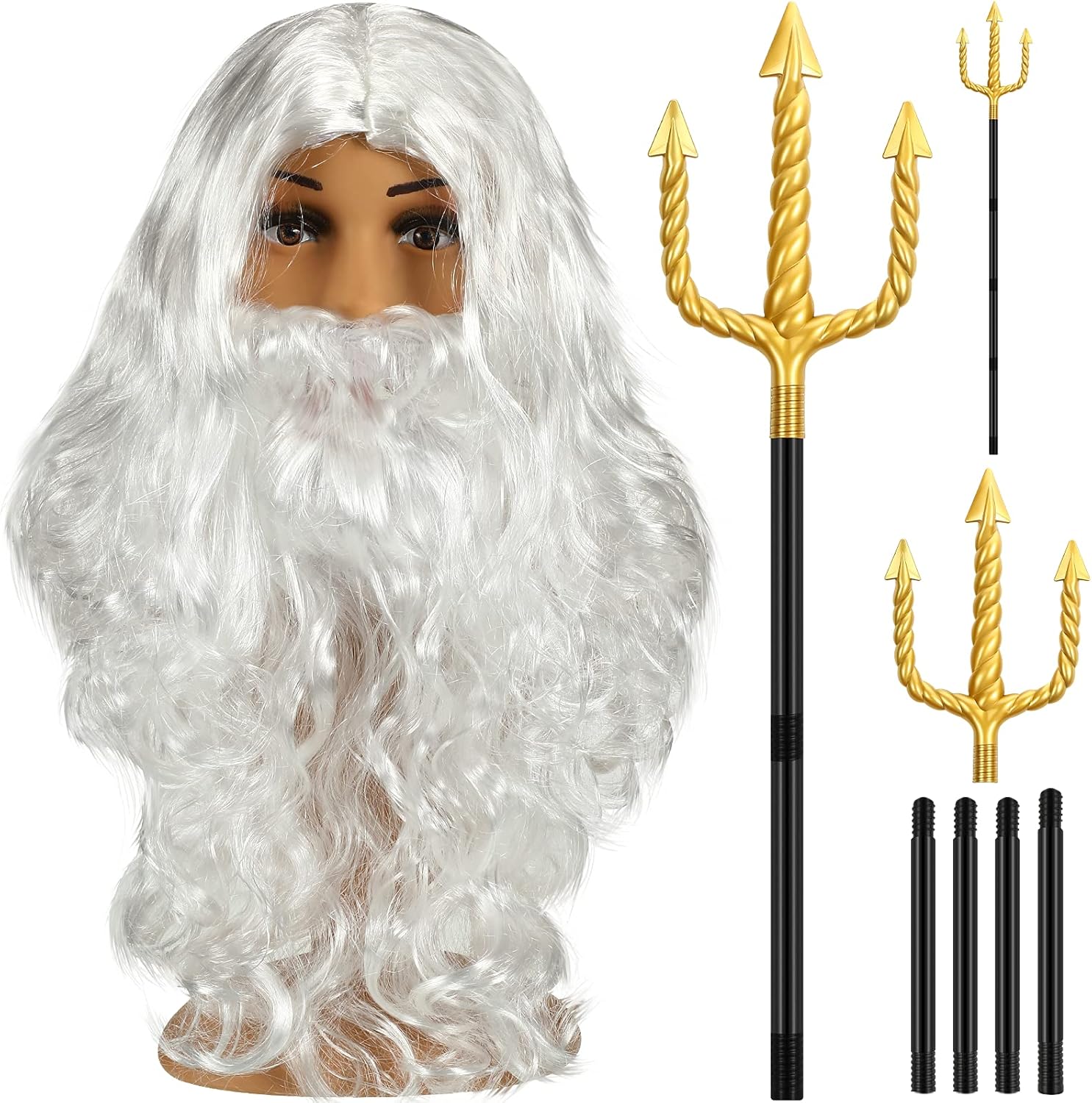 3 Pcs Halloween Poseidon Costumes King Triton Man Trident Wig and Beard Set Neptune Merman Cosplay for Men Adult