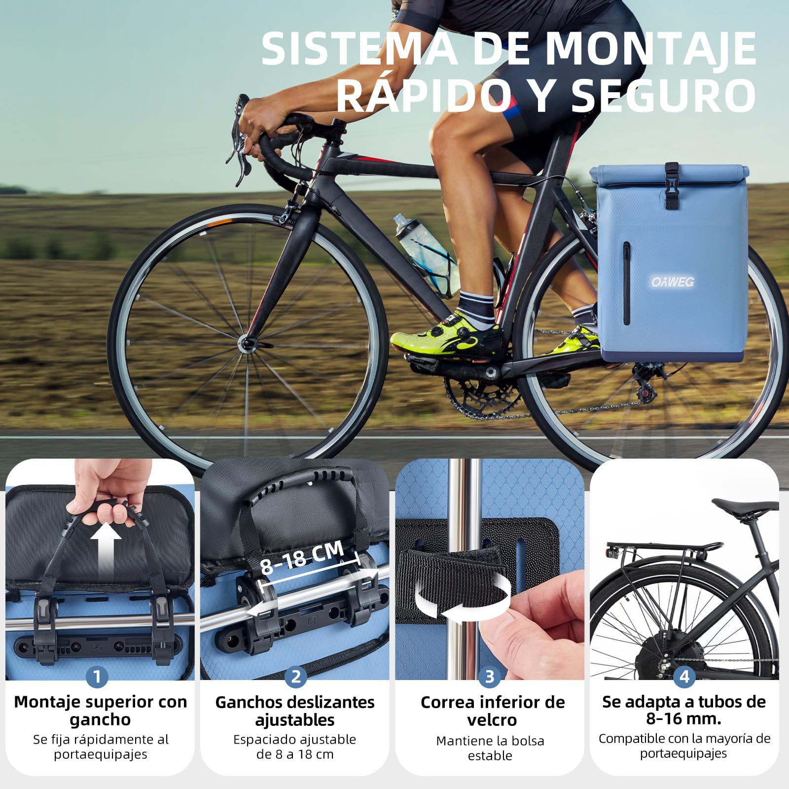 Alforjas Bicicleta Portaequipajes 3en1 20L – Mochila y Bandolera, Bolsa Impermeable con Compartimento para Portátil 16", Bolsa Trasera Reflectante para Trabajo, Desplazamientos y Viaje