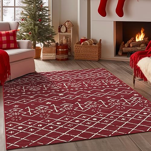 Miniatura 8 de Vangao Alfombra de decoración navideña de 2 x 3 pulgadas, alfombra roja para cocina, alfombra roja de copo de nieve, alfombra delgada plegable de