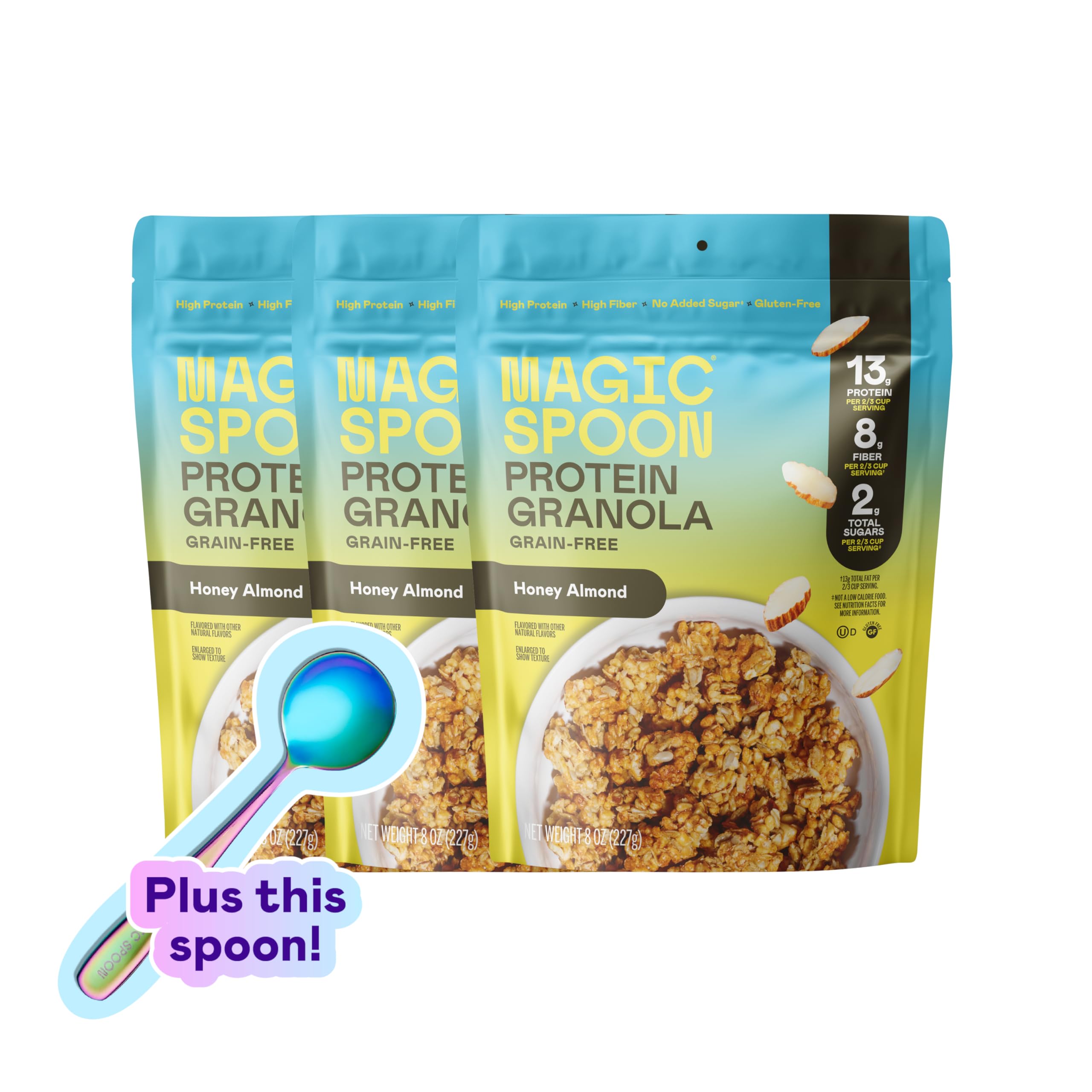 Magic SpoonProtein Granola - High Protein Granola, Keto Friendly, Low Sugar, Grain Free, Healthy Breakfast or Quick Snack (3 bags of Honey Almond)