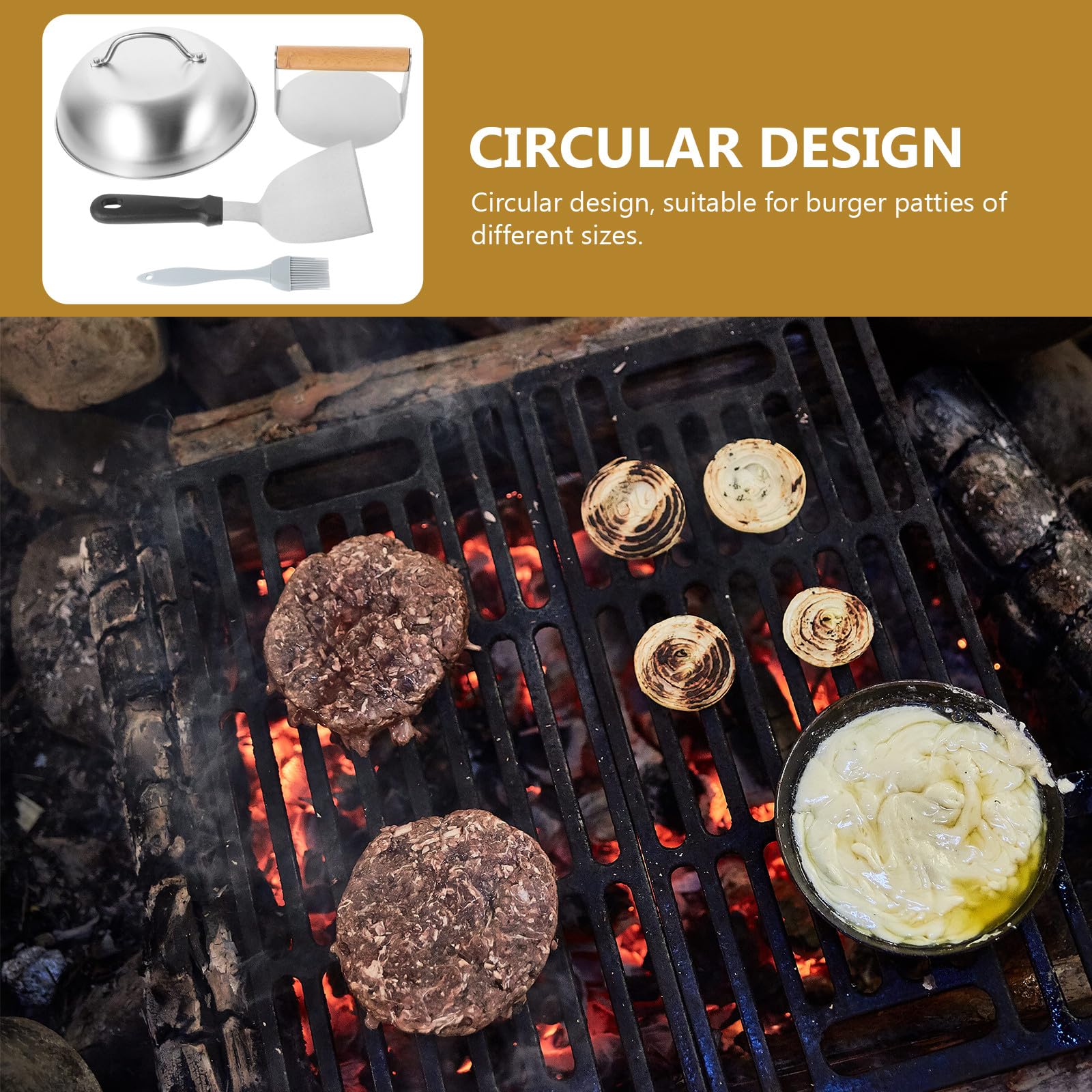 SOLUSTRE Edelstahl Burgerpresse mit Griff, 1 Satz für Grill und Küche | Stabile Ausführung mit Holz und Silikon, Bbq Zubehör für Kochen, Praktisches Werkzeug im 4 Stück
