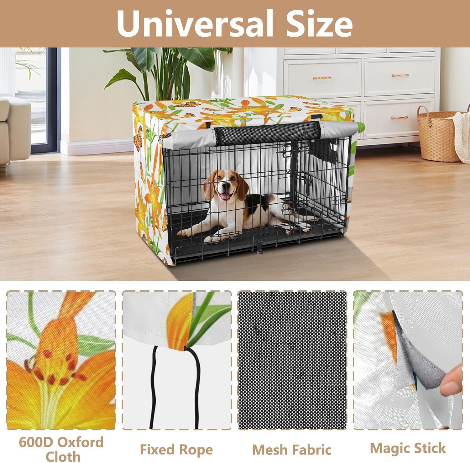 Orange Yellow Lilies Dog Crate Cover Universal Size Fit, Pet Crate Cover with Roll-up Sides, X-Large